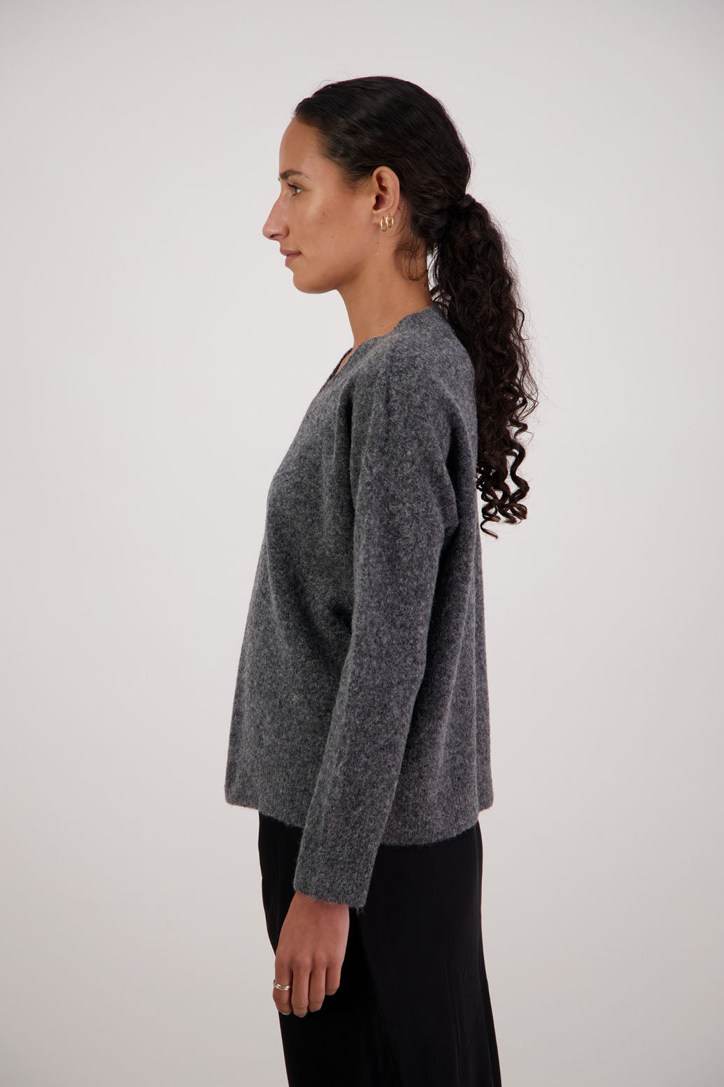 Freddie Jumper in Charcoal by Briarwood NZ. Alpaca/Wool blend v neck long sleeve jumper