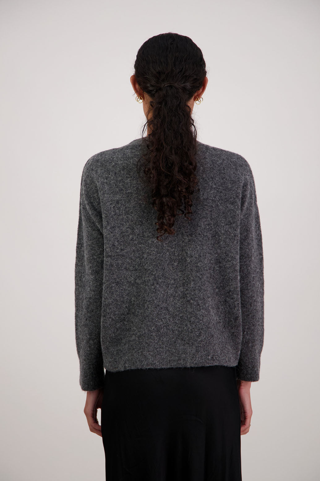Freddie Jumper in Charcoal by Briarwood NZ. Alpaca/Wool blend v neck long sleeve jumper