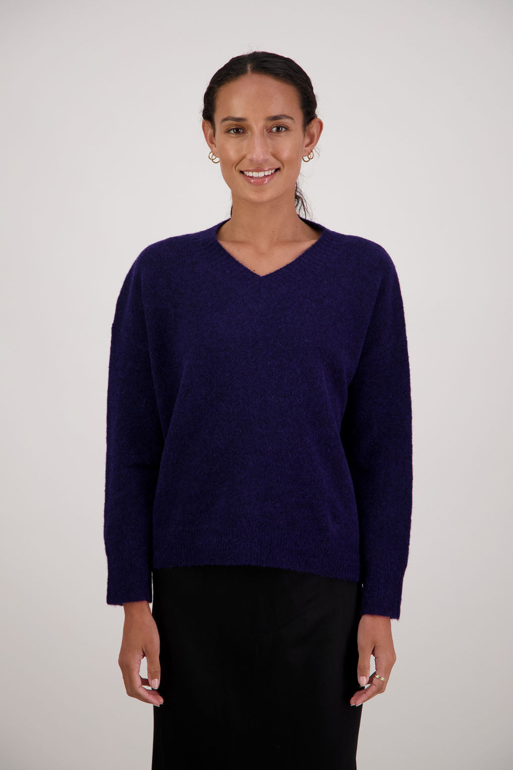 Freddie Jumper in Ink by Briarwood NZ. Alpaca/Wool blend v neck long sleeve jumper