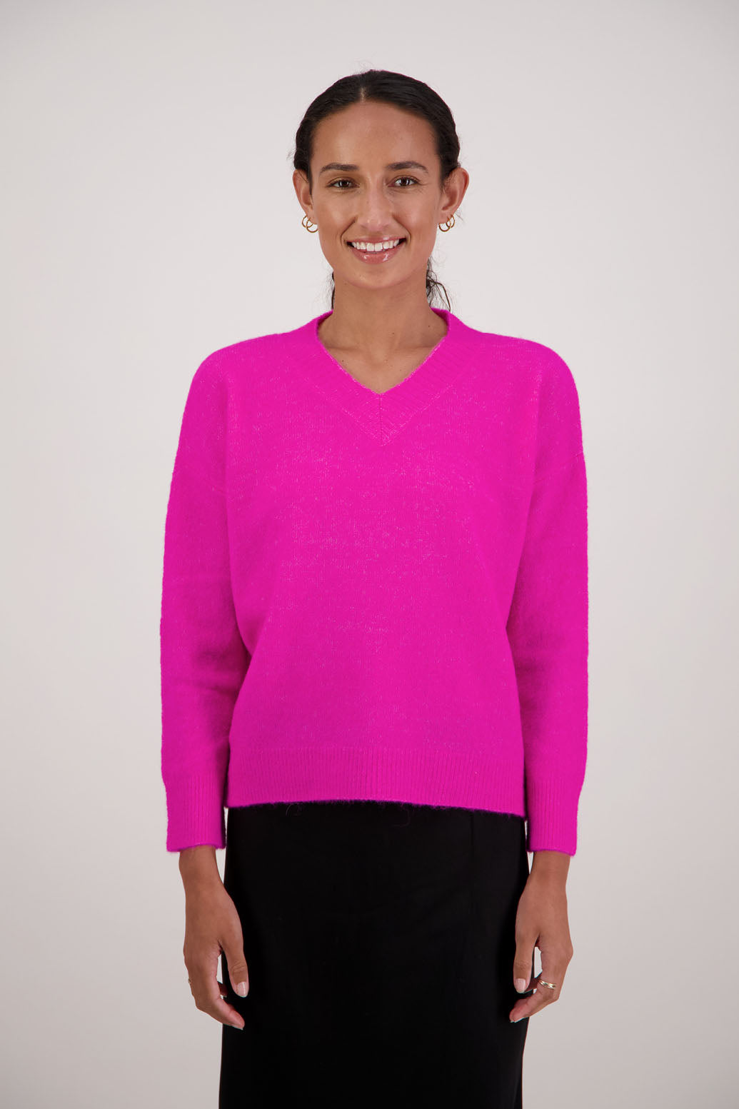 Freddie Jumper in Pink by Briarwood NZ. Alpaca/Wool blend v neck long sleeve jumper