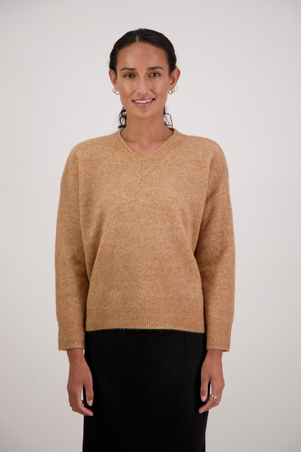 Freddie Jumper in Tan by Briarwood NZ. Alpaca/Wool blend v neck long sleeve jumper
