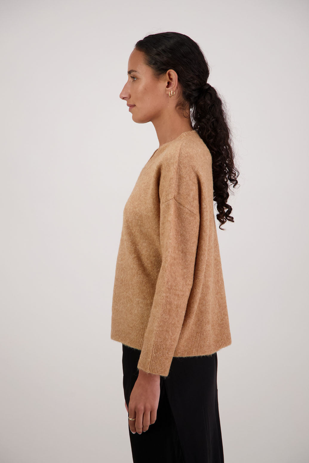 Freddie Jumper in Tan by Briarwood NZ. Alpaca/Wool blend v neck long sleeve jumper