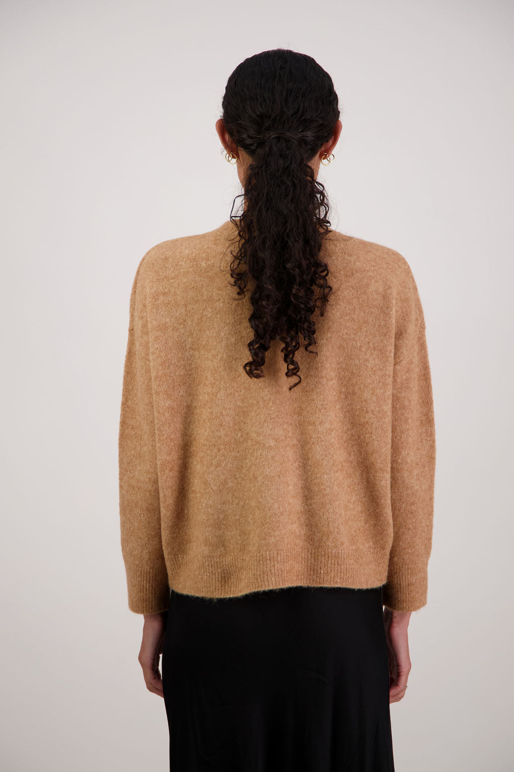 Freddie Jumper in Tan by Briarwood NZ. Alpaca/Wool blend v neck long sleeve jumper