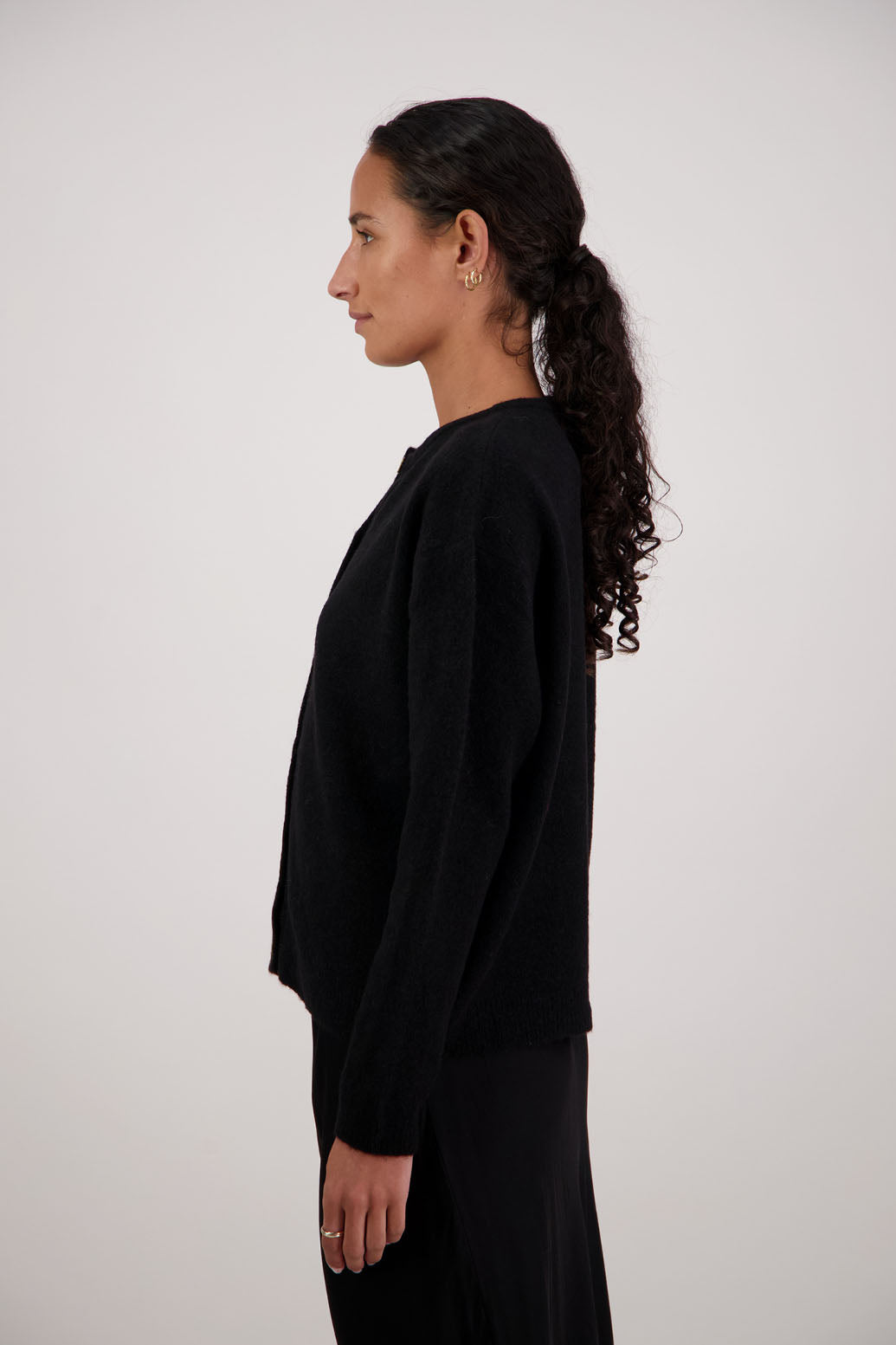 Frenchie Cardigan in Black by Briarwood NZ. Alpaca/Wool blend long sleeve cardigan. Bestselling style.