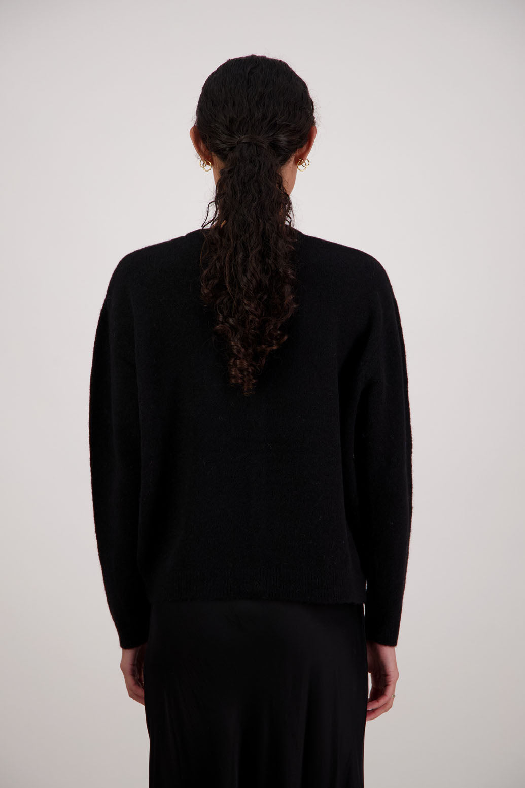 Frenchie Cardigan in Black by Briarwood NZ. Alpaca/Wool blend long sleeve cardigan. Bestselling style.