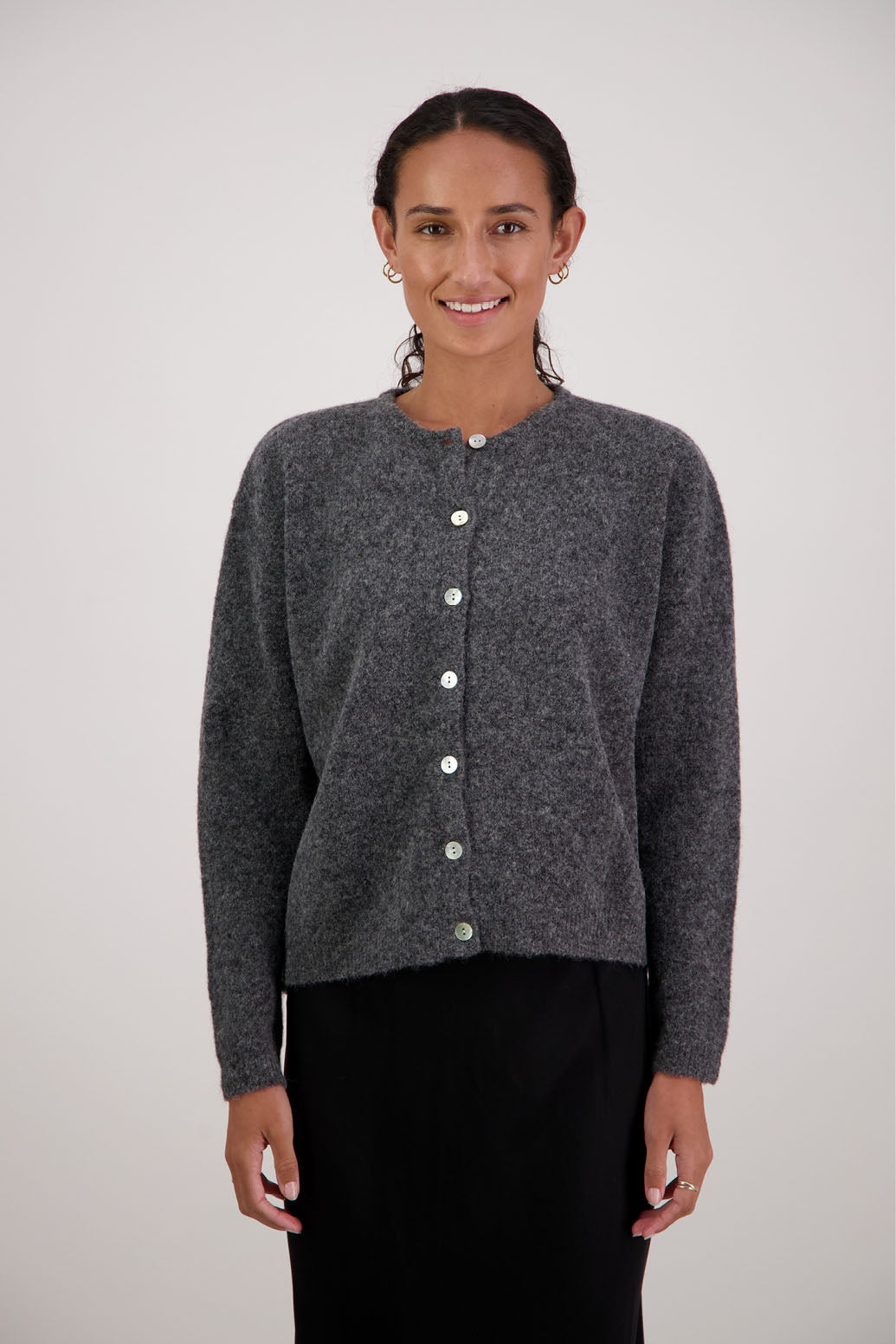 Frenchie Cardigan in Charcoal by Briarwood NZ. Alpaca/Wool blend long sleeve cardigan. Bestselling style.
