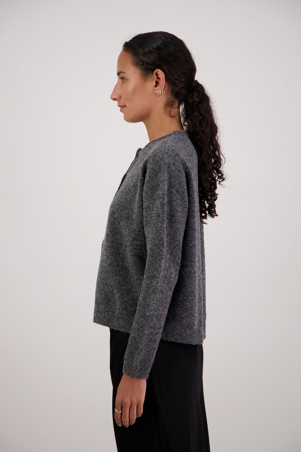 Frenchie Cardigan in Charcoal by Briarwood NZ. Alpaca/Wool blend long sleeve cardigan. Bestselling style.