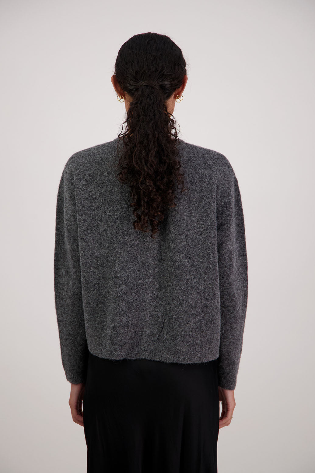 Frenchie Cardigan in Charcoal by Briarwood NZ. Alpaca/Wool blend long sleeve cardigan. Bestselling style.