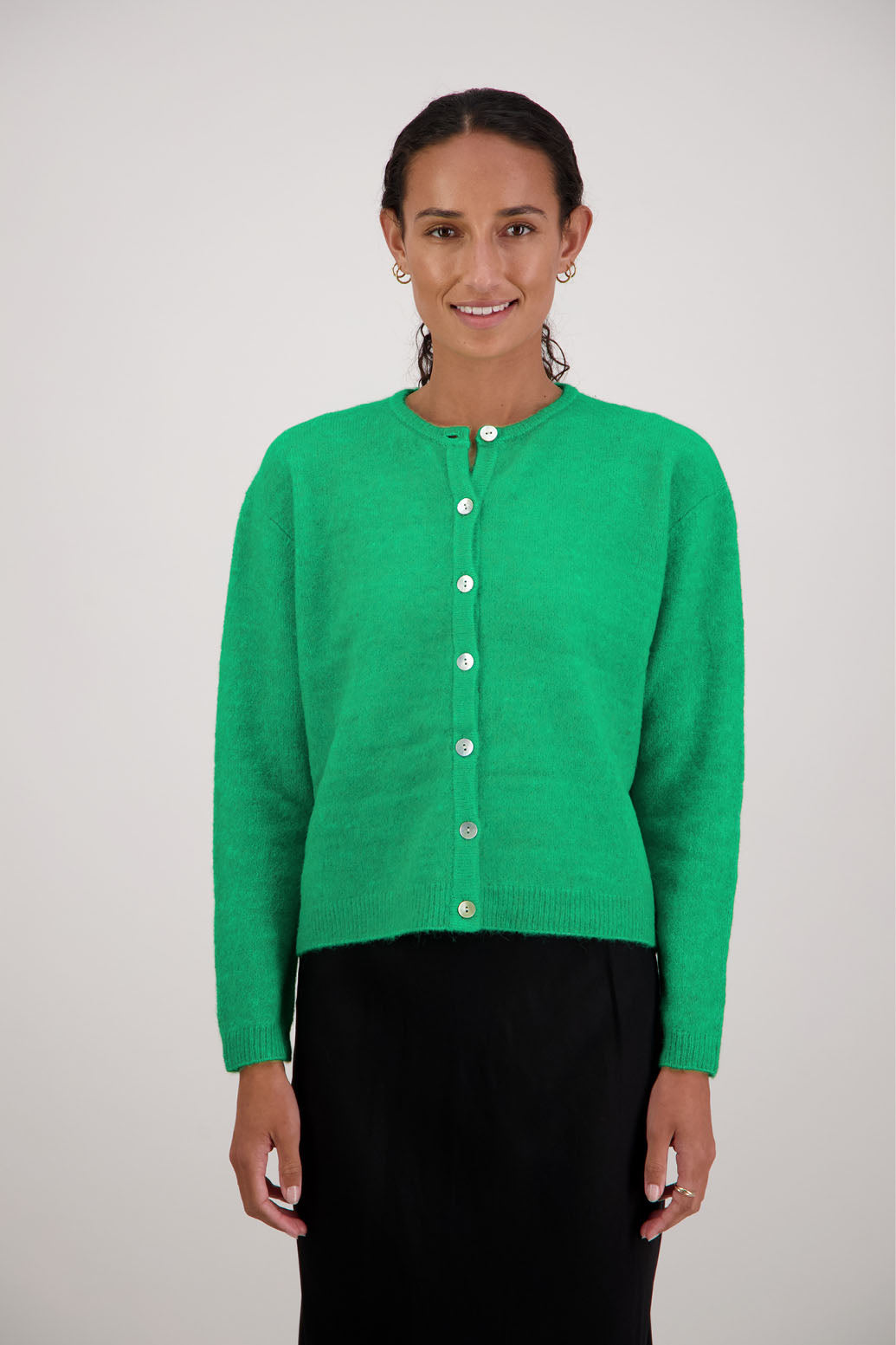 Frenchie Cardigan in Green by Briarwood NZ. Alpaca/Wool blend long sleeve cardigan. Bestselling style.