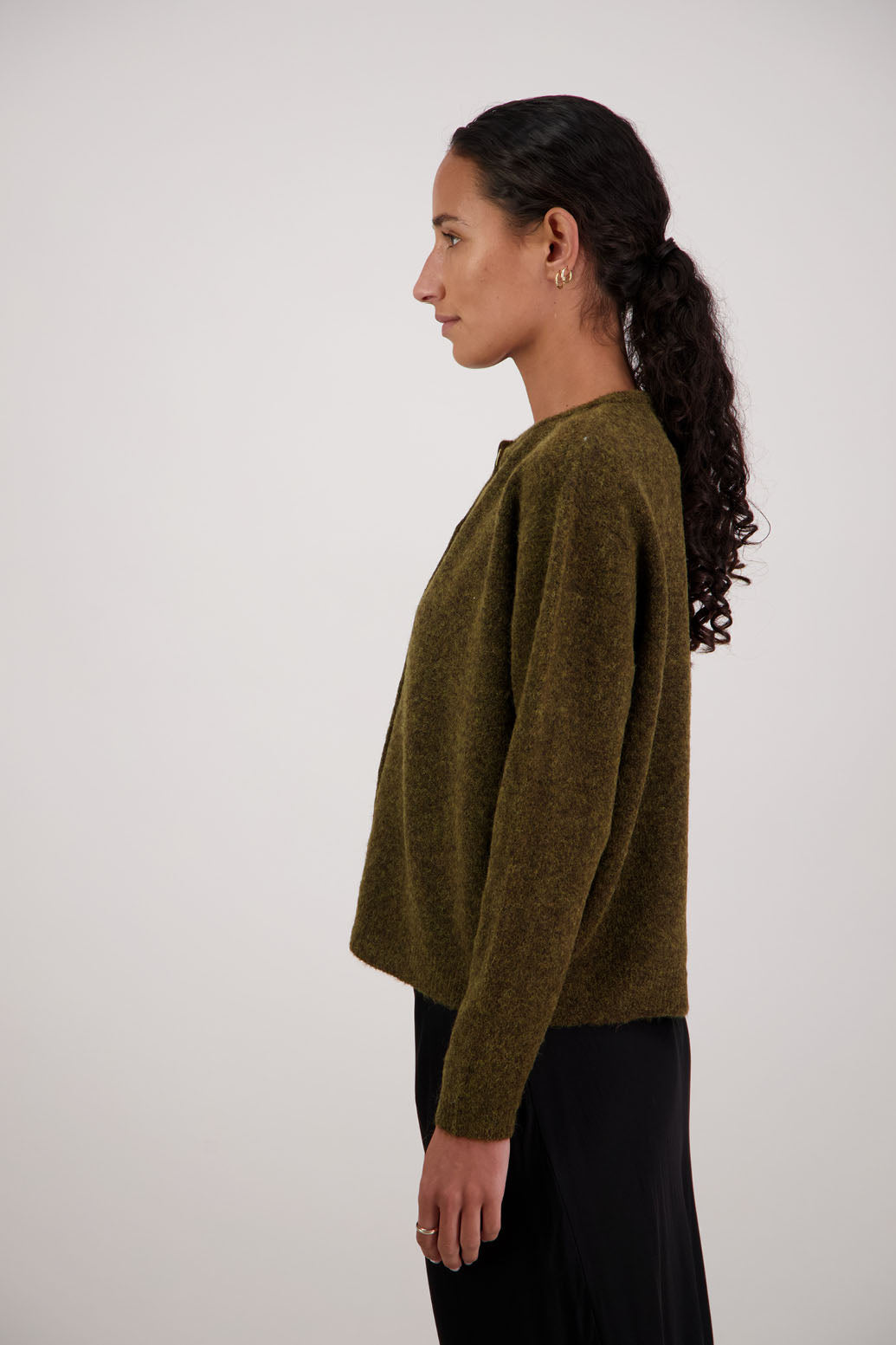 Frenchie Cardigan in Olive by Briarwood NZ. Alpaca/Wool blend long sleeve cardigan. Bestselling style.