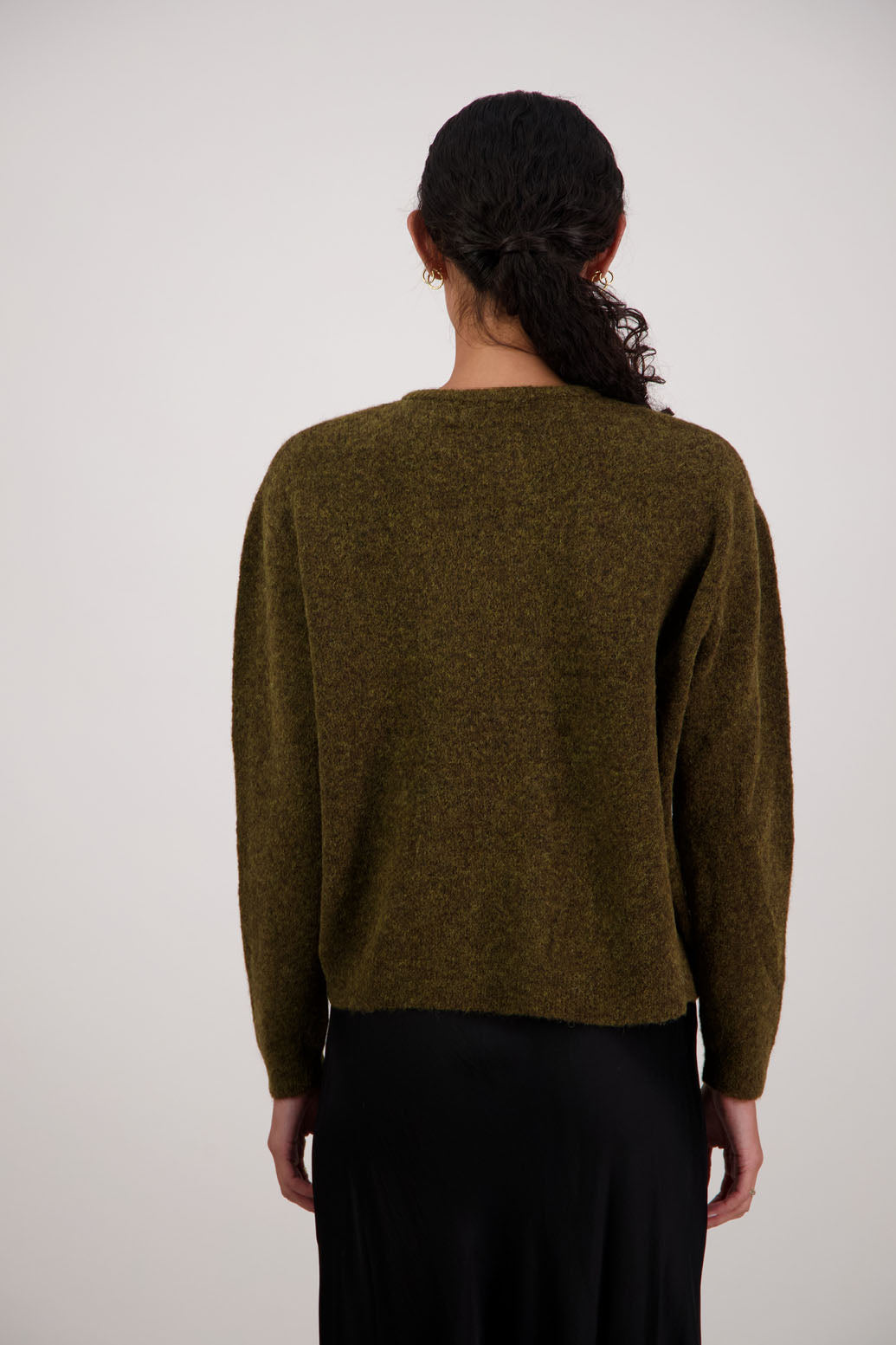 Frenchie Cardigan in Olive by Briarwood NZ. Alpaca/Wool blend long sleeve cardigan. Bestselling style.