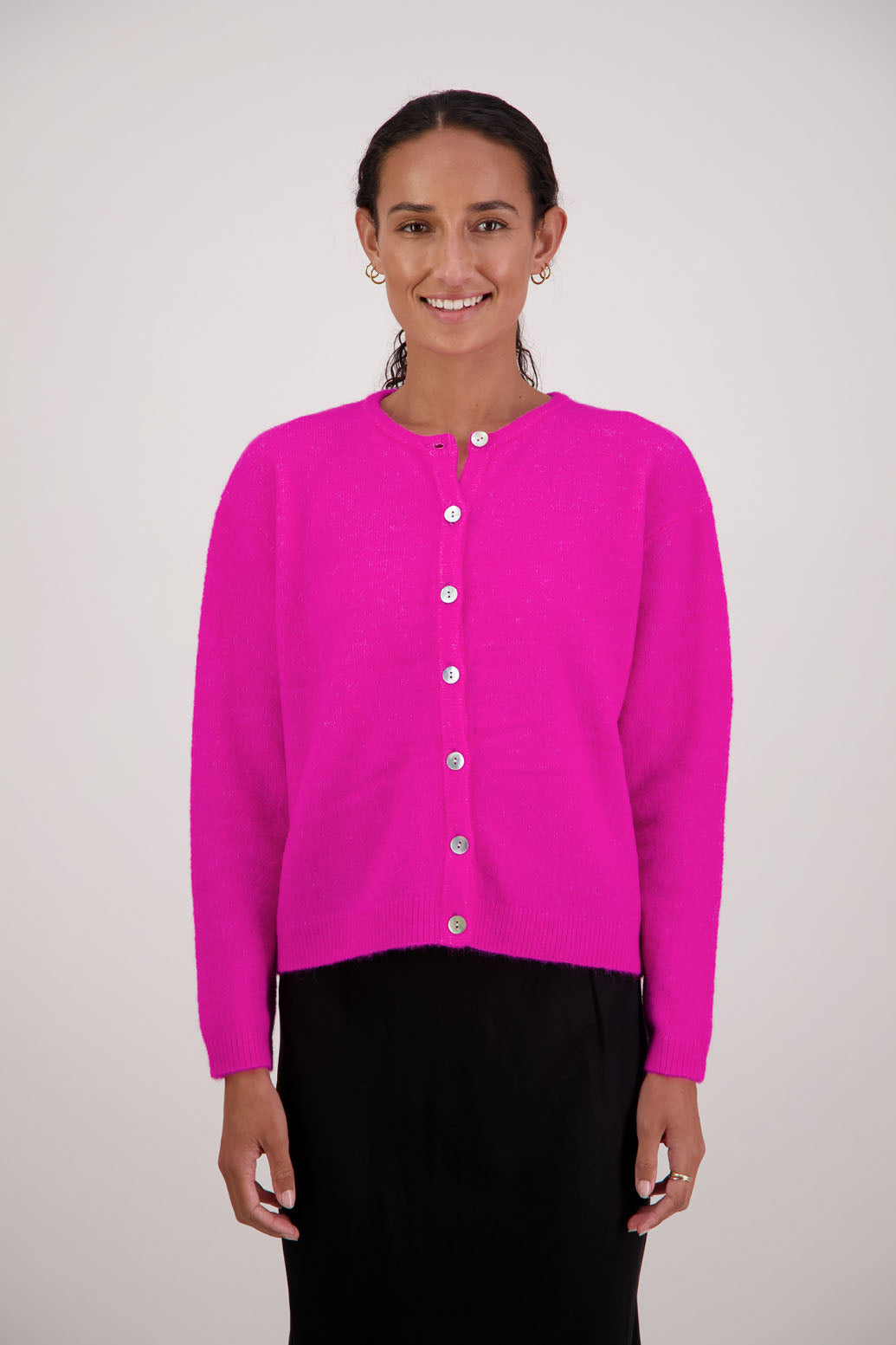 Frenchie Cardigan in Pink by Briarwood NZ. Alpaca/Wool blend long sleeve cardigan. Bestselling style.