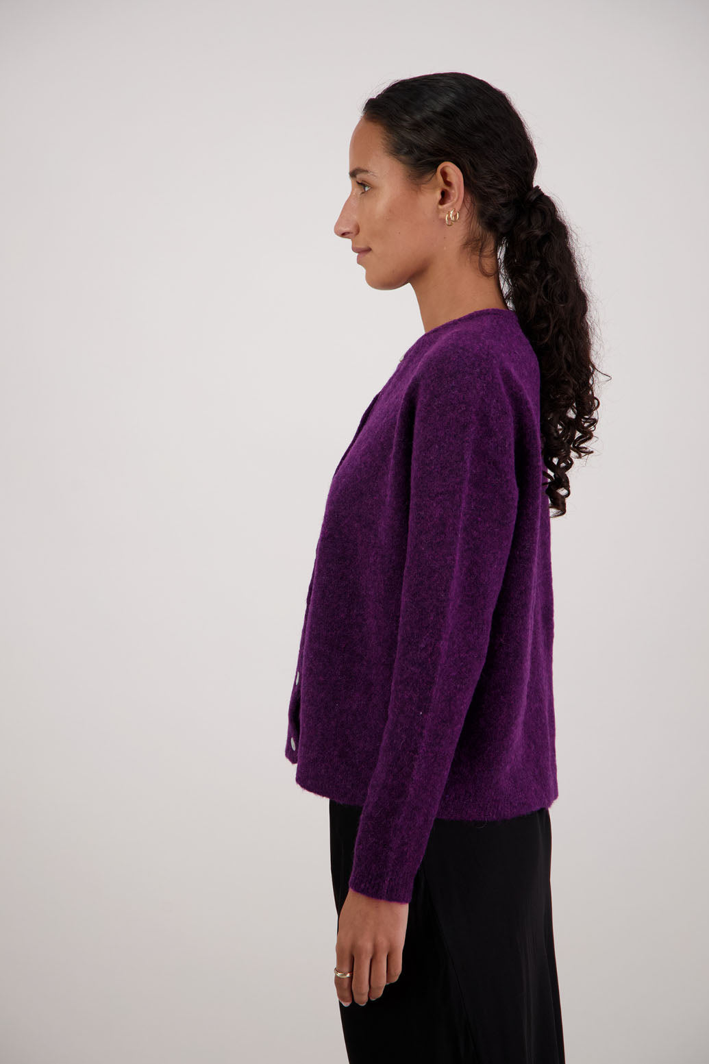 Frenchie Cardigan in Purple by Briarwood NZ. Alpaca/Wool blend long sleeve cardigan. Bestselling style.
