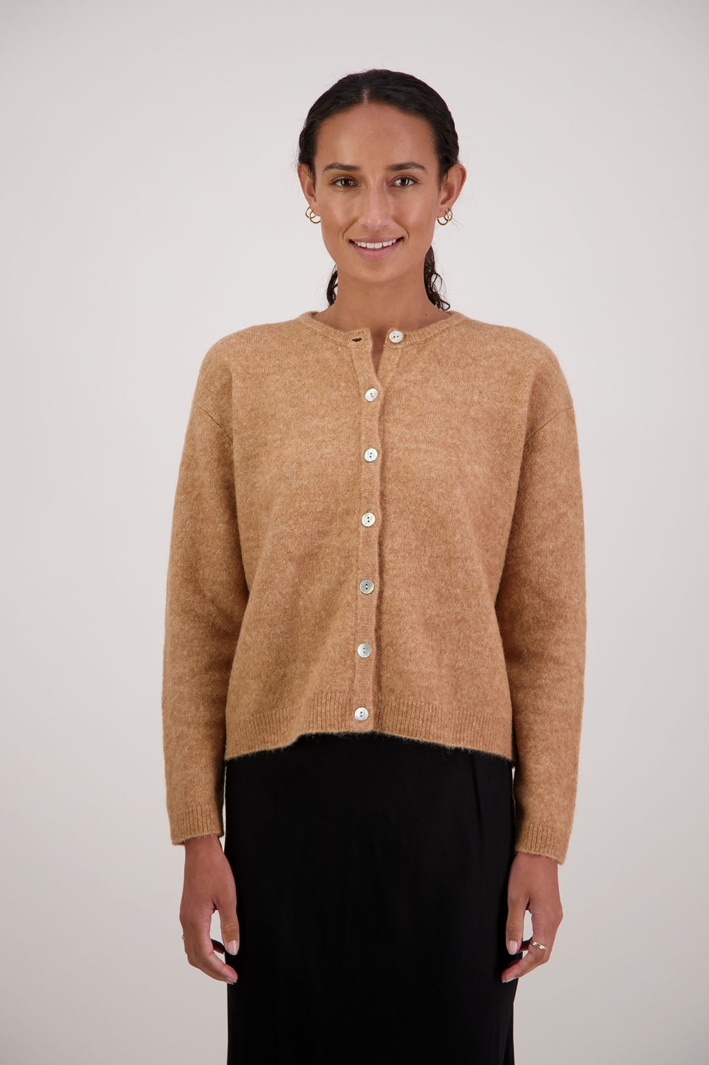 Frenchie Cardigan in Tan by Briarwood NZ. Alpaca/Wool blend long sleeve cardigan. Bestselling style.
