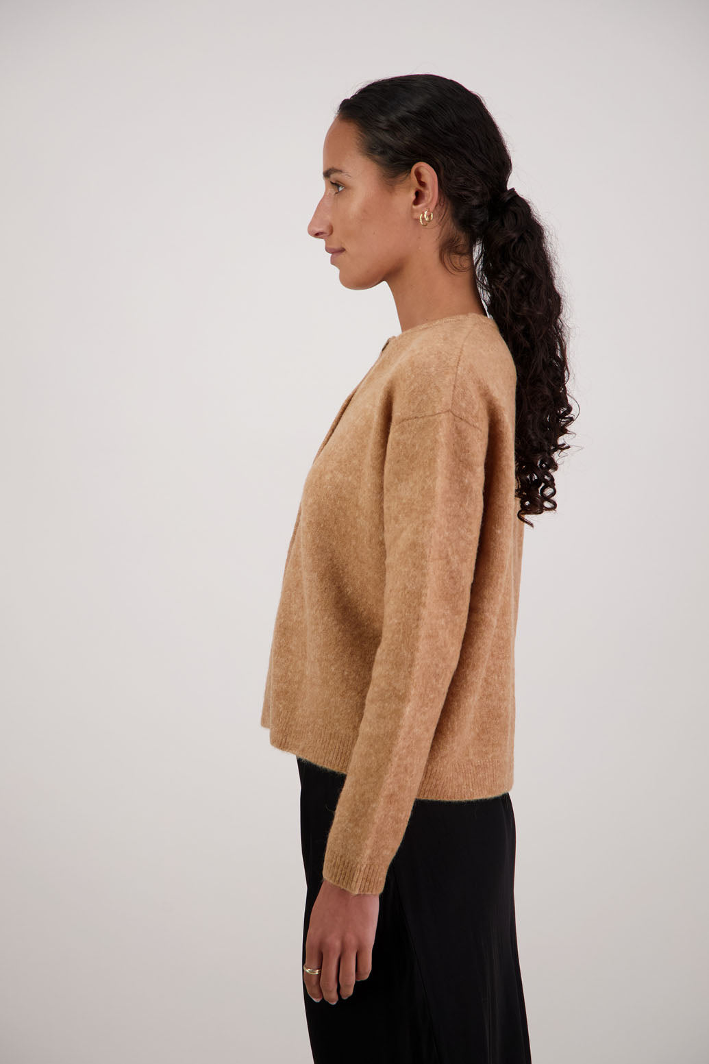 Frenchie Cardigan in Tan by Briarwood NZ. Alpaca/Wool blend long sleeve cardigan. Bestselling style.