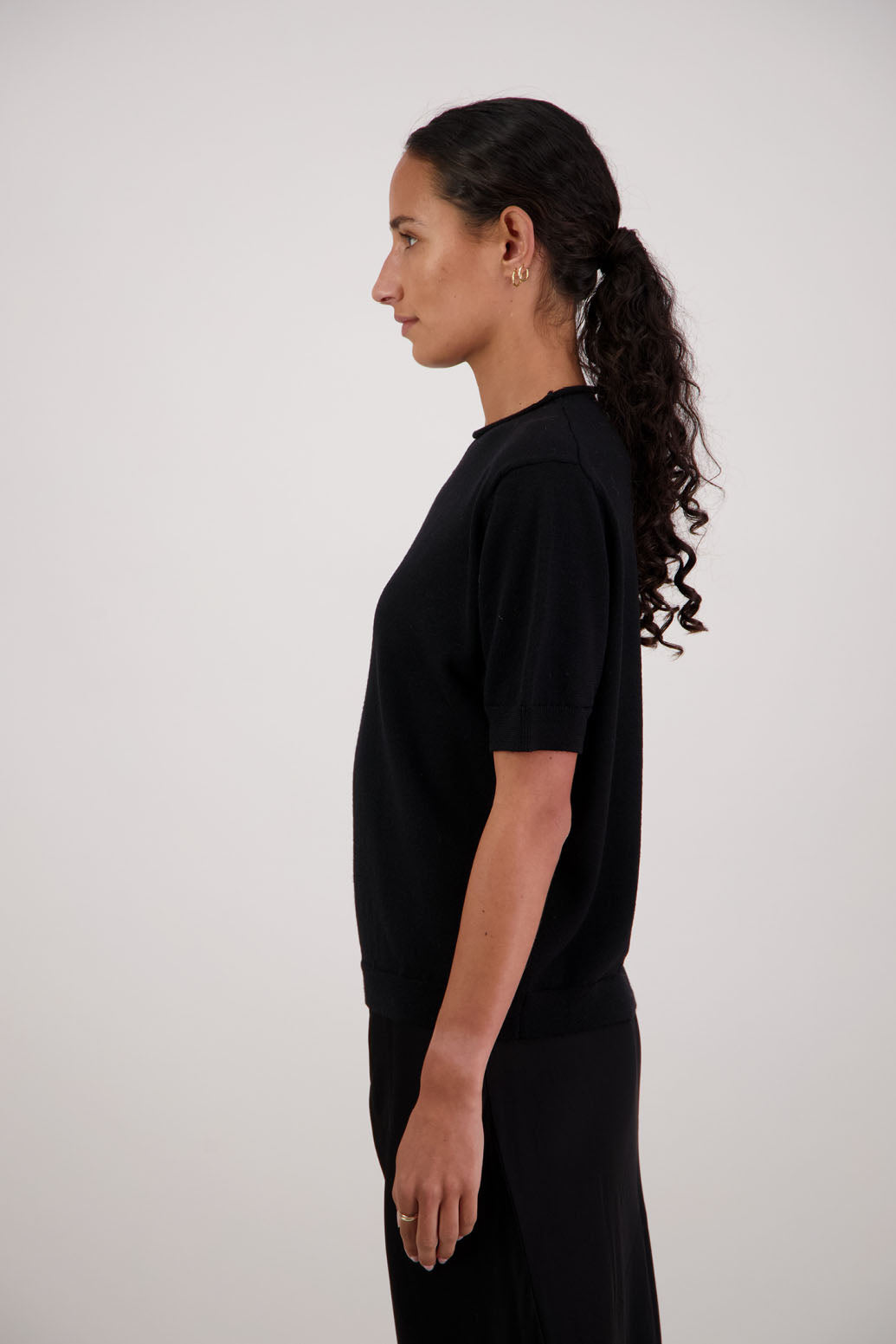Frieda Wool Top in Black by Briarwood NZ. 100% Wool short sleeve, semi fitted t-shirt style top with high neck