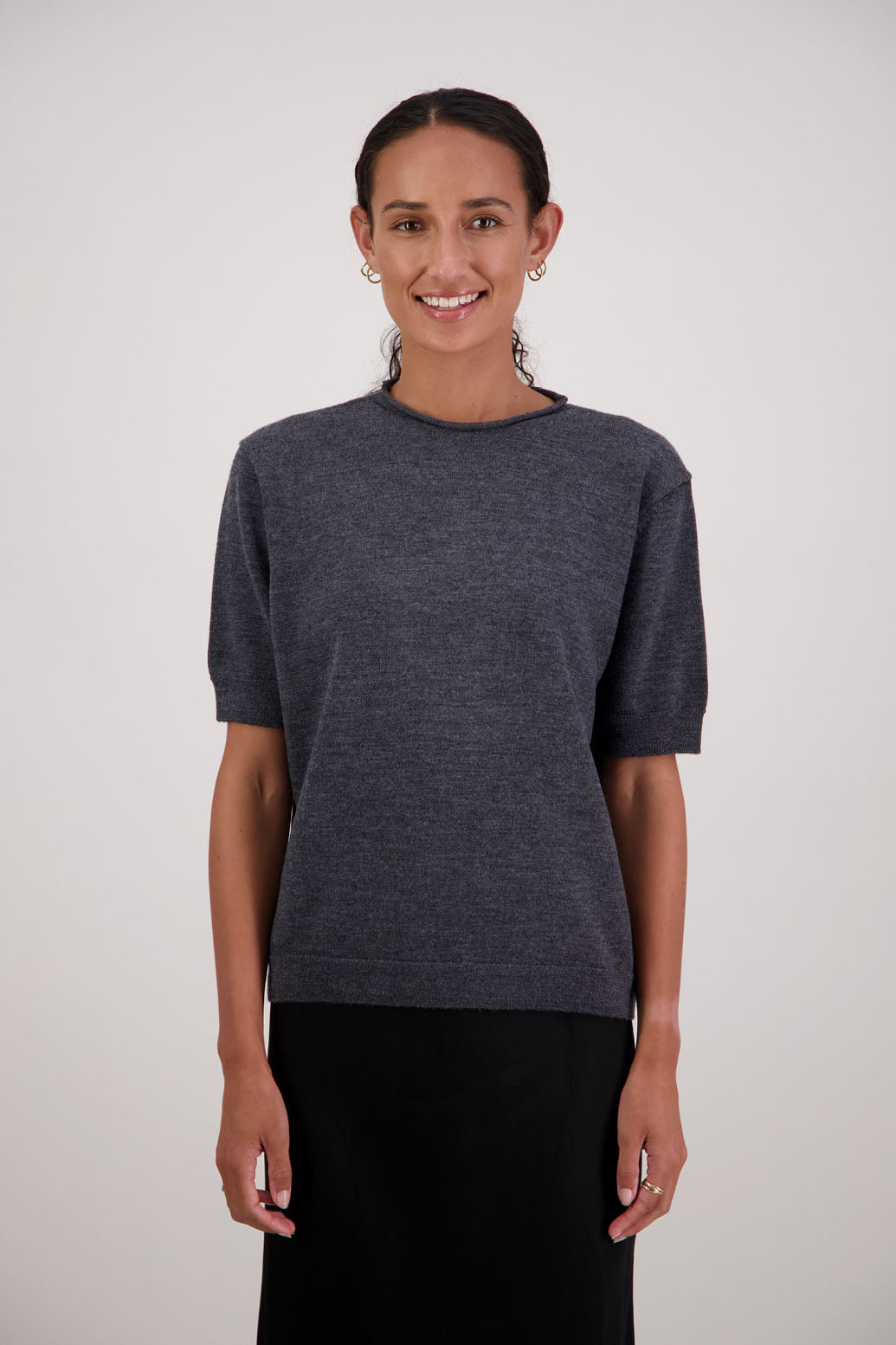 Frieda Wool Top in Charcoal by Briarwood NZ. 100% Wool short sleeve, semi fitted t-shirt style top with high neck