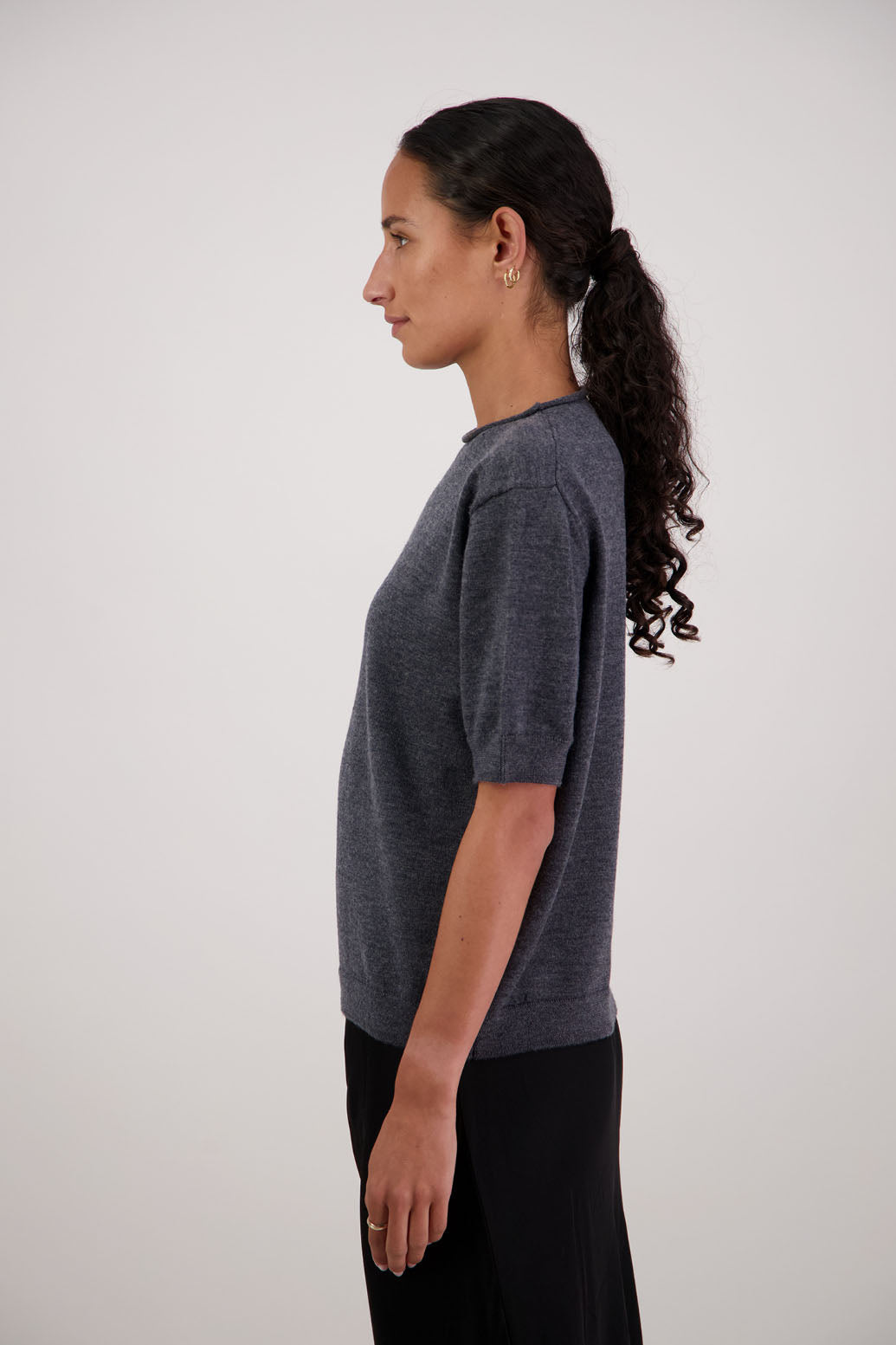 Frieda Wool Top in Charcoal by Briarwood NZ. 100% Wool short sleeve, semi fitted t-shirt style top with high neck