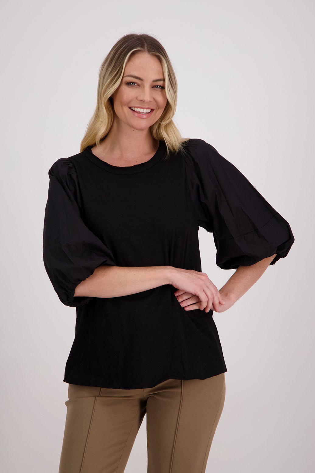 Black T-Shirt top with woven cotton balloon 3/4 length sleeves, Happy