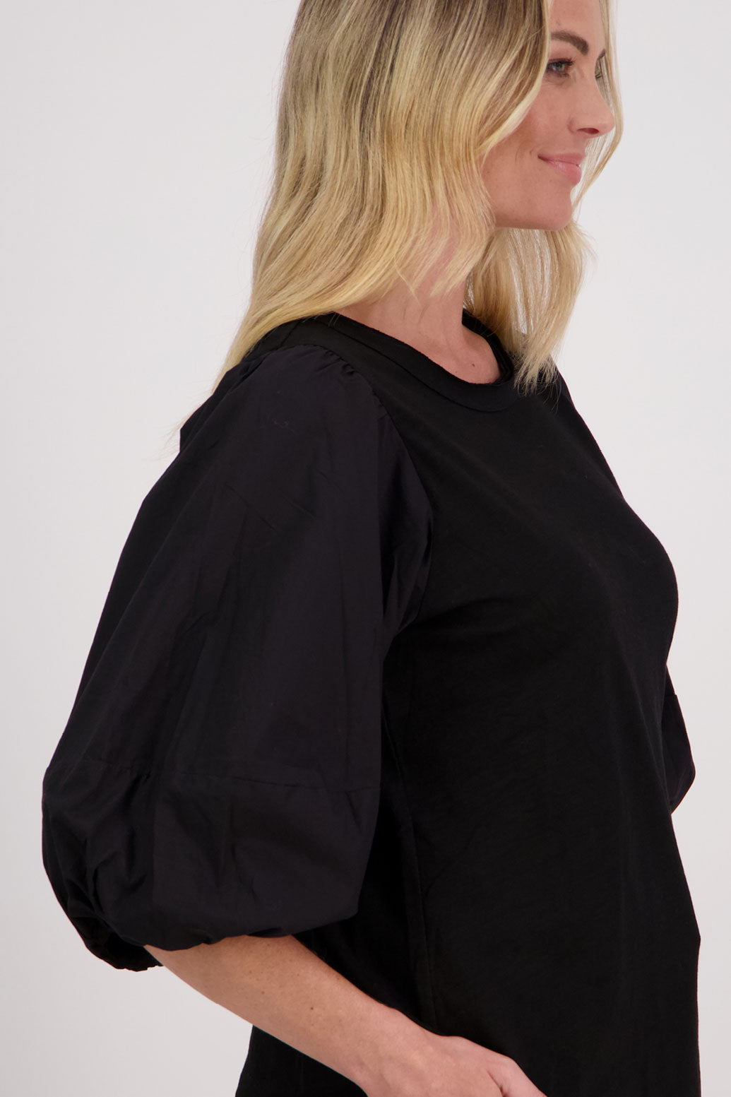 Black T-Shirt top with woven cotton balloon 3/4 length sleeves, Happy