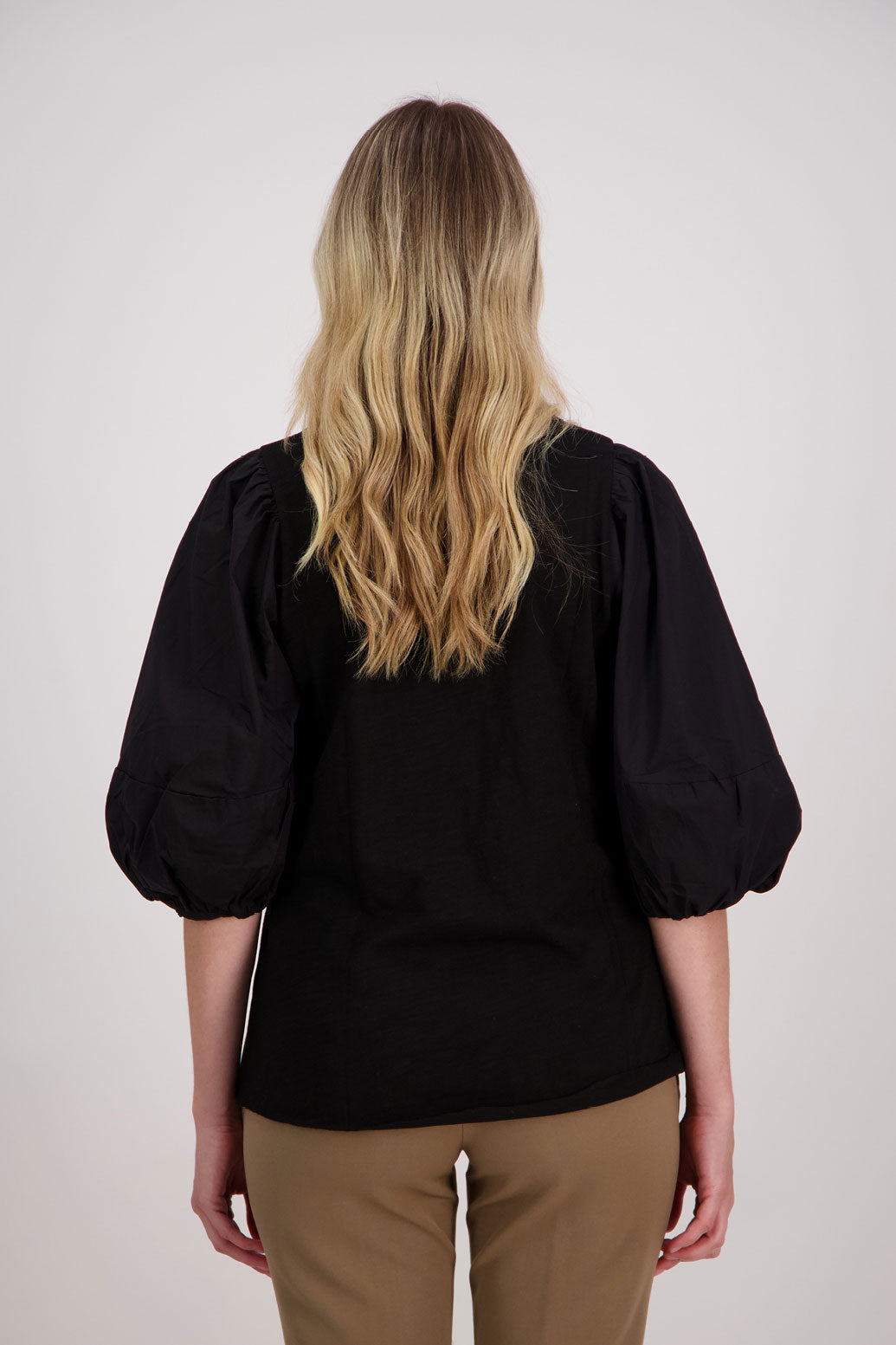 Black T-Shirt top with woven cotton balloon 3/4 length sleeves, Happy