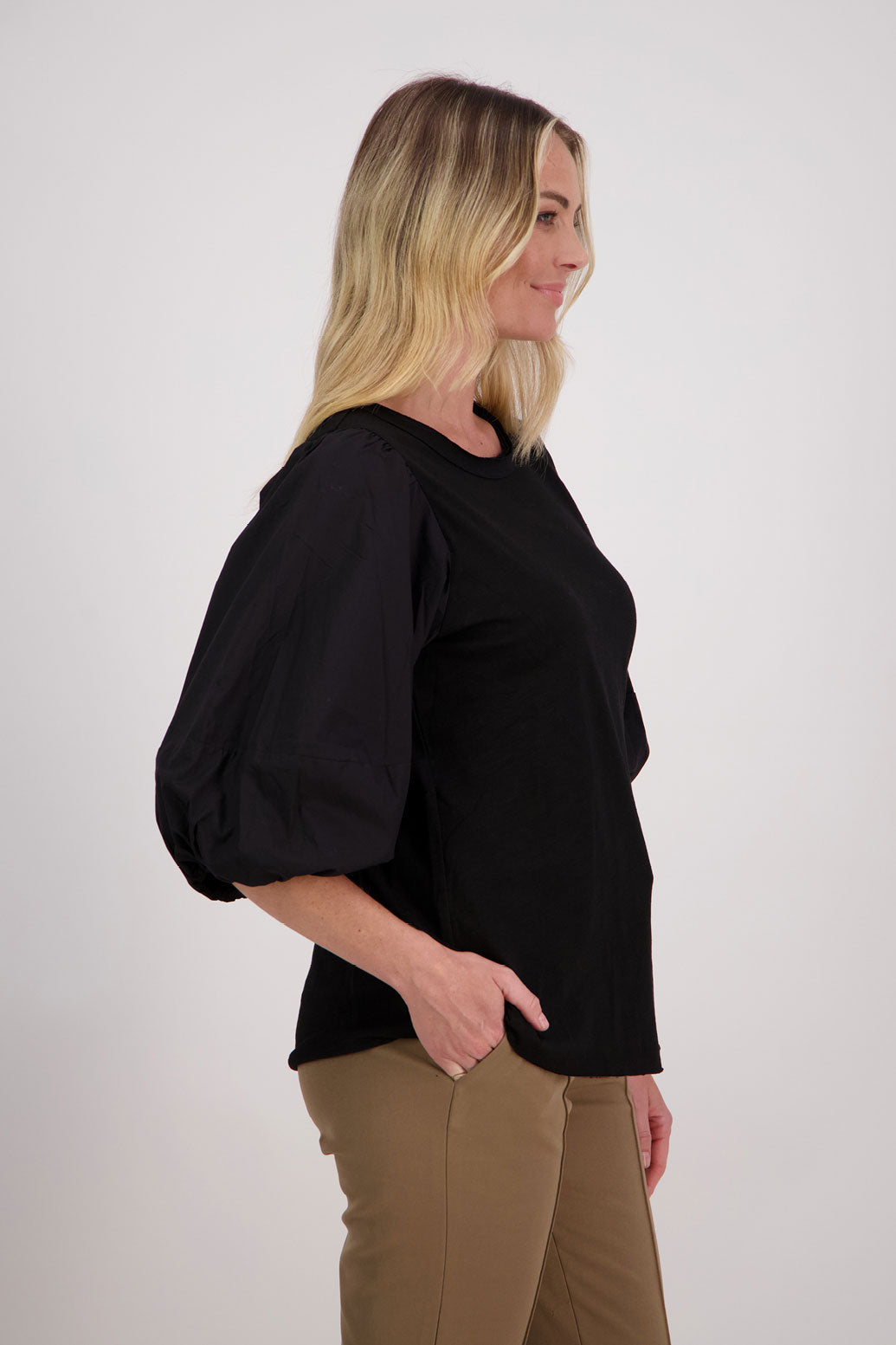 Black T-Shirt top with woven cotton balloon 3/4 length sleeves, Happy