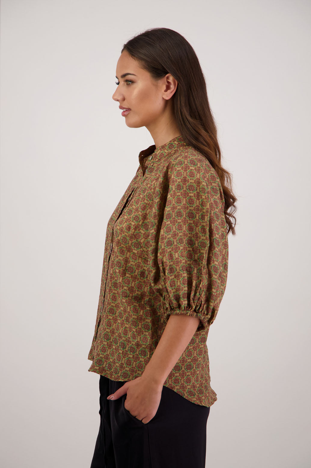 Bestseller. Harlow Shirt in Camel Tile by Briarwood NZ. Lightweight 100% Ramie shirt with 3/4 puff sleeves, slimmer fit through body and button front.