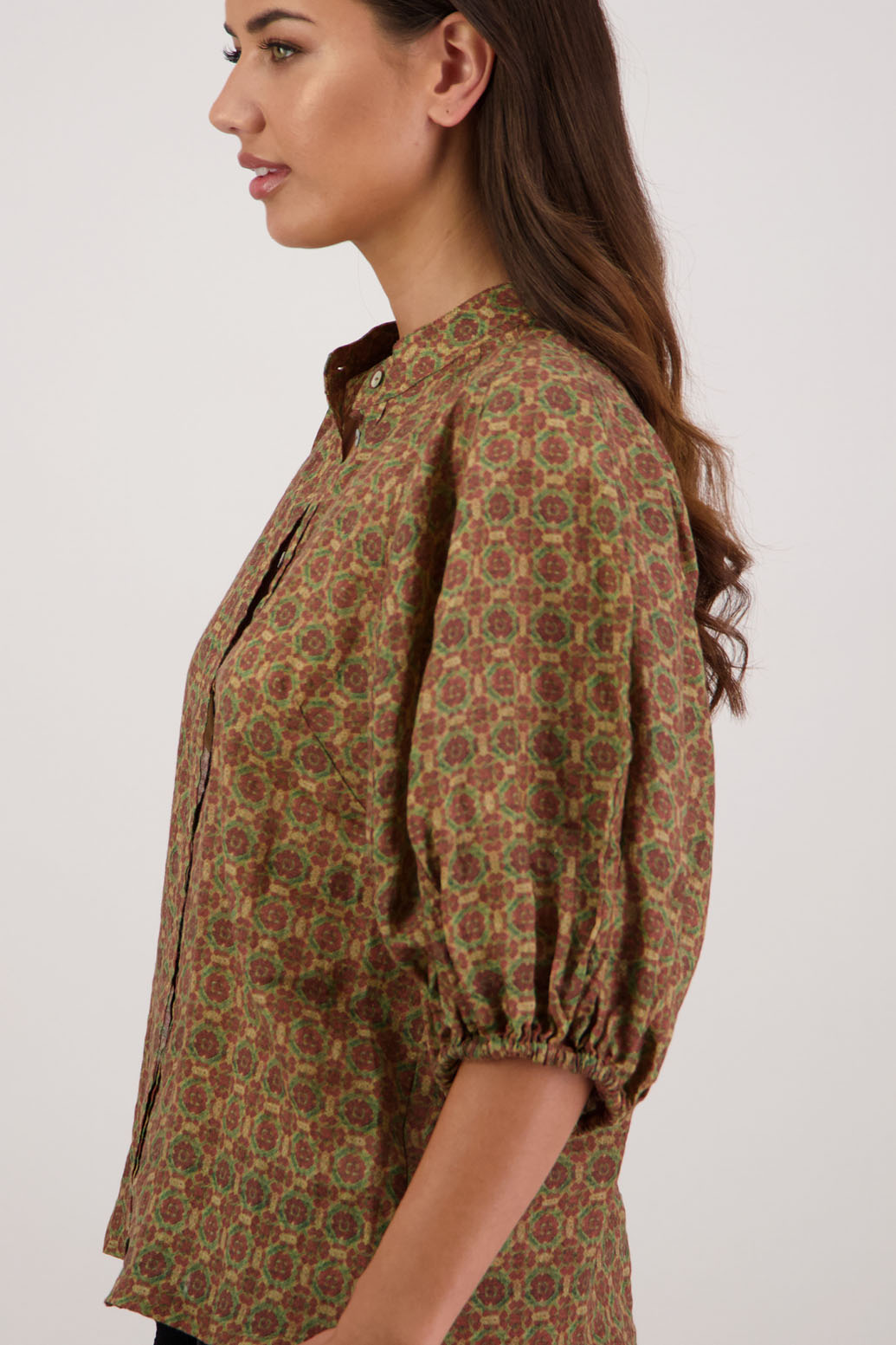 Bestseller. Harlow Shirt in Camel Tile by Briarwood NZ. Lightweight 100% Ramie shirt with 3/4 puff sleeves, slimmer fit through body and button front.