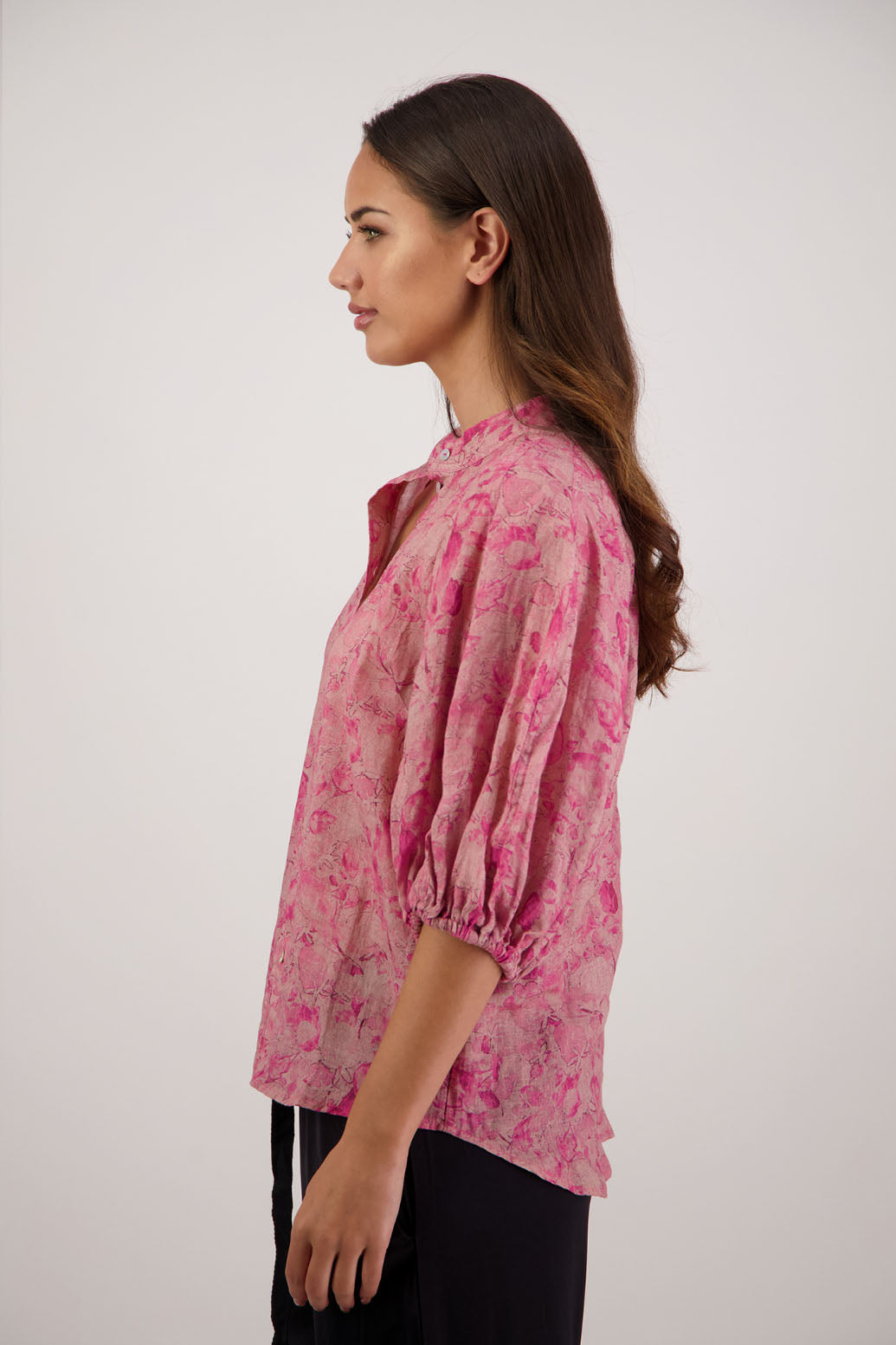 Bestseller. Harlow Shirt in Pink Floral by Briarwood NZ. Lightweight 100% Ramie shirt with 3/4 puff sleeves, slimmer fit through body and button front.
