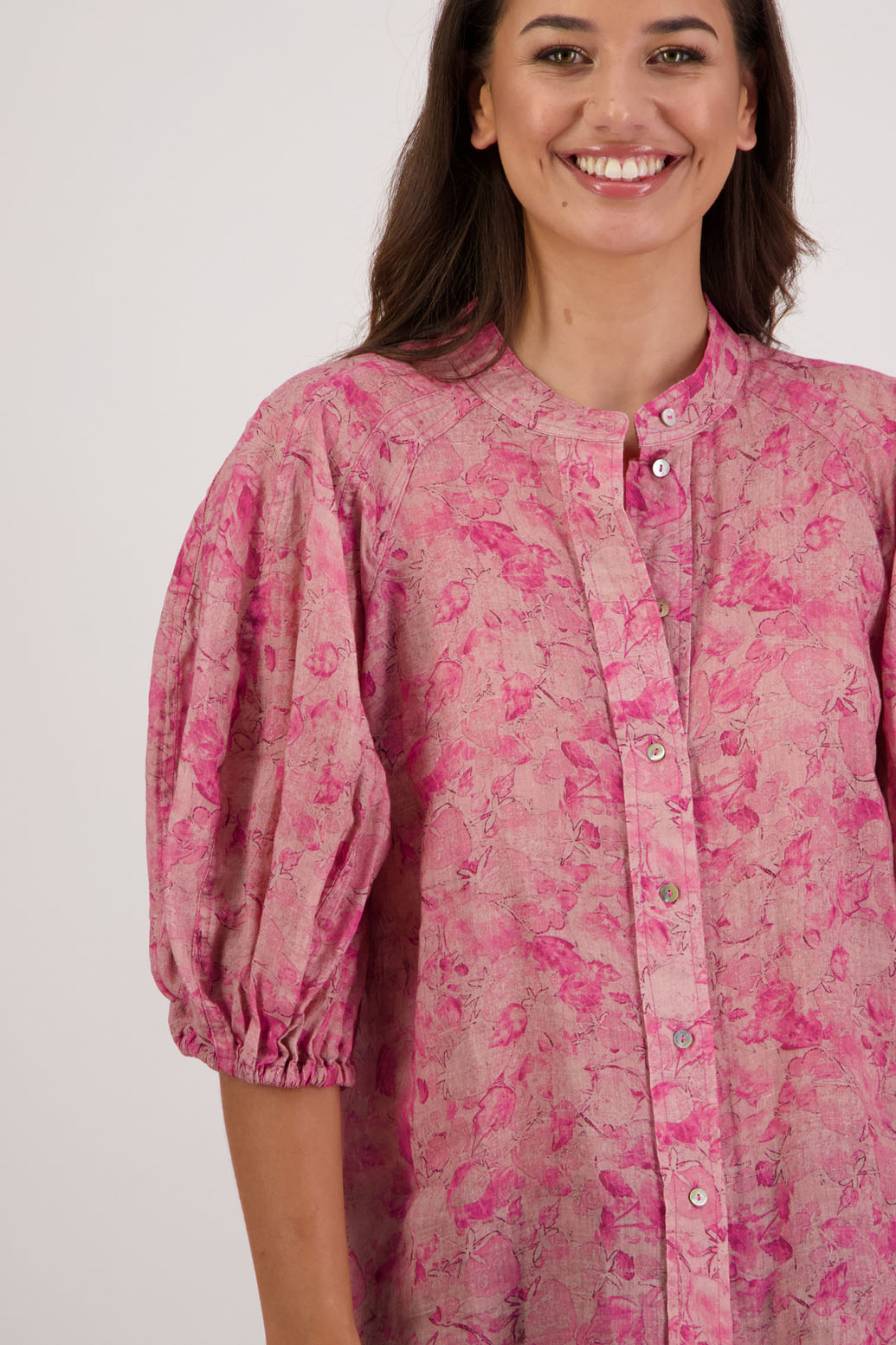 Bestseller. Harlow Shirt in Pink Floral by Briarwood NZ. Lightweight 100% Ramie shirt with 3/4 puff sleeves, slimmer fit through body and button front.