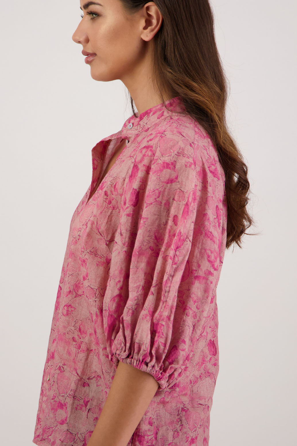 Bestseller. Harlow Shirt in Pink Floral by Briarwood NZ. Lightweight 100% Ramie shirt with 3/4 puff sleeves, slimmer fit through body and button front.