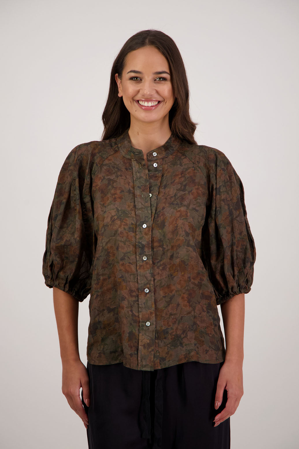 Bestseller. Harlow Shirt in Vintage Floral by Briarwood NZ. Lightweight 100% Ramie shirt with 3/4 puff sleeves, slimmer fit through body and button front.