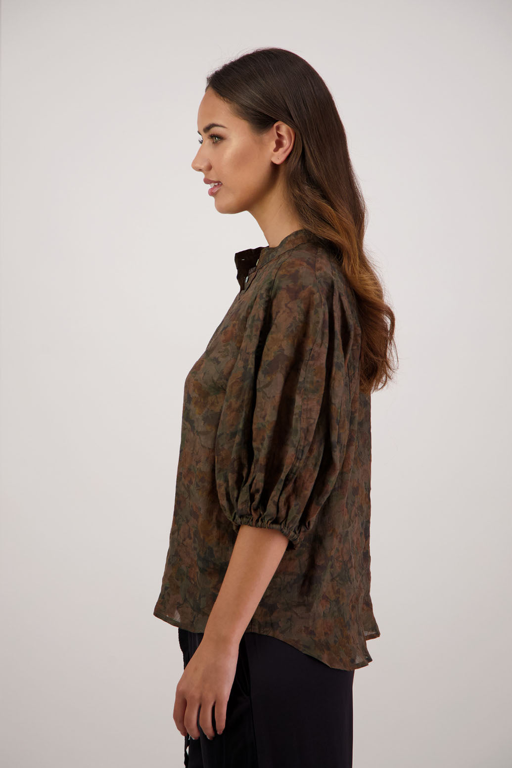 Bestseller. Harlow Shirt in Vintage Floral by Briarwood NZ. Lightweight 100% Ramie shirt with 3/4 puff sleeves, slimmer fit through body and button front.