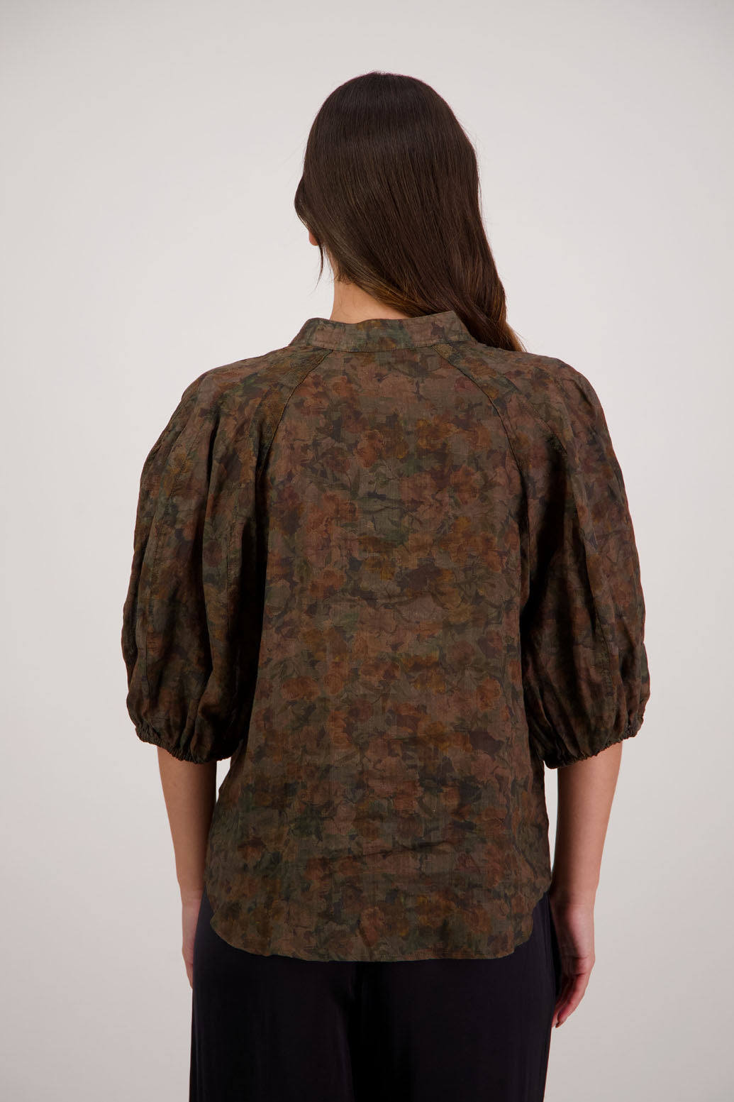 Bestseller. Harlow Shirt in Vintage Floral by Briarwood NZ. Lightweight 100% Ramie shirt with 3/4 puff sleeves, slimmer fit through body and button front.