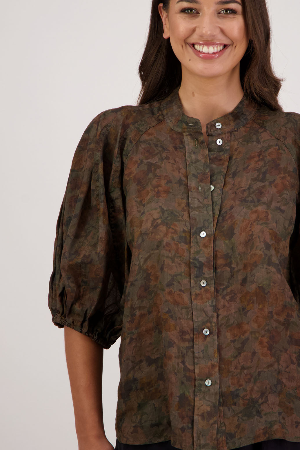 Bestseller. Harlow Shirt in Vintage Floral by Briarwood NZ. Lightweight 100% Ramie shirt with 3/4 puff sleeves, slimmer fit through body and button front.
