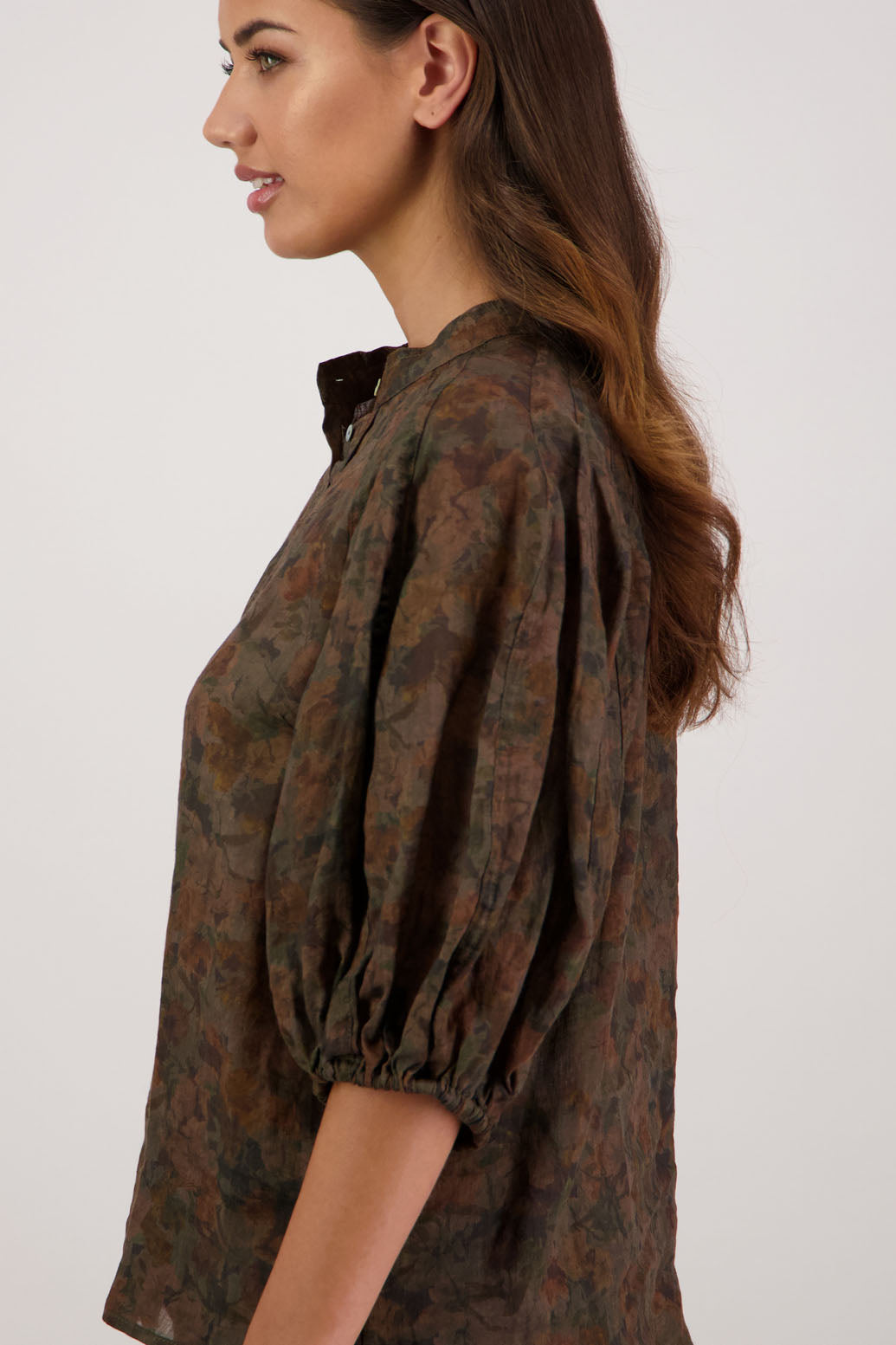 Bestseller. Harlow Shirt in Vintage Floral by Briarwood NZ. Lightweight 100% Ramie shirt with 3/4 puff sleeves, slimmer fit through body and button front.