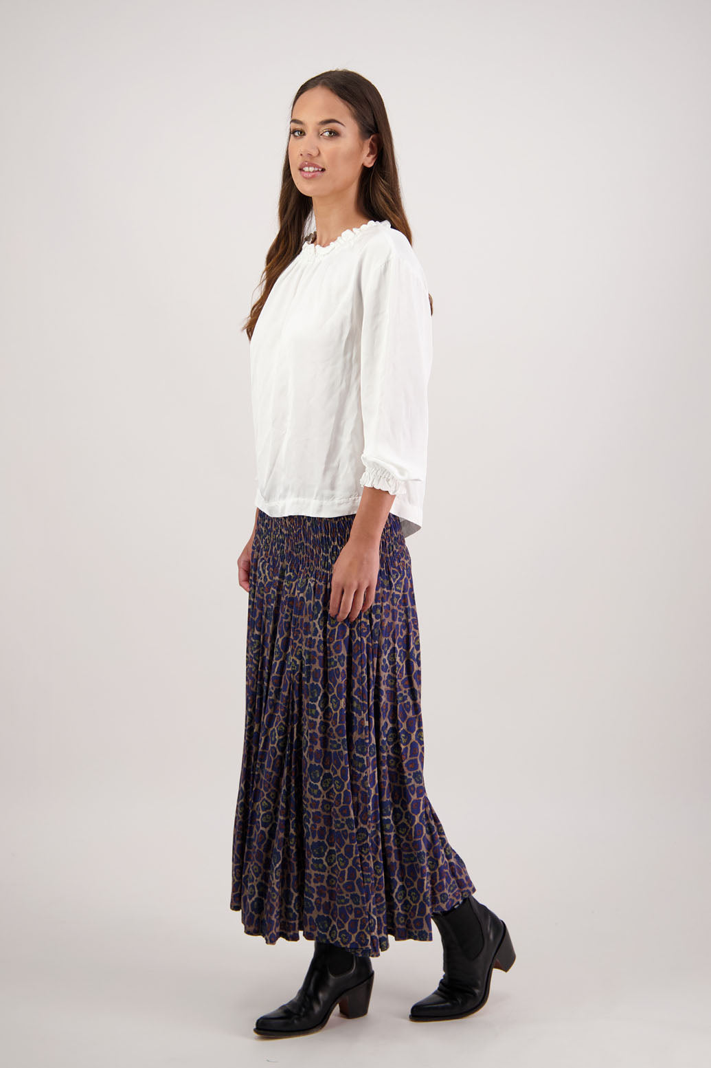 Hawthorn Skirt in Antique Leopard by Briarwood NZ. 100% viscose skirt with shirred waist and flow skirt