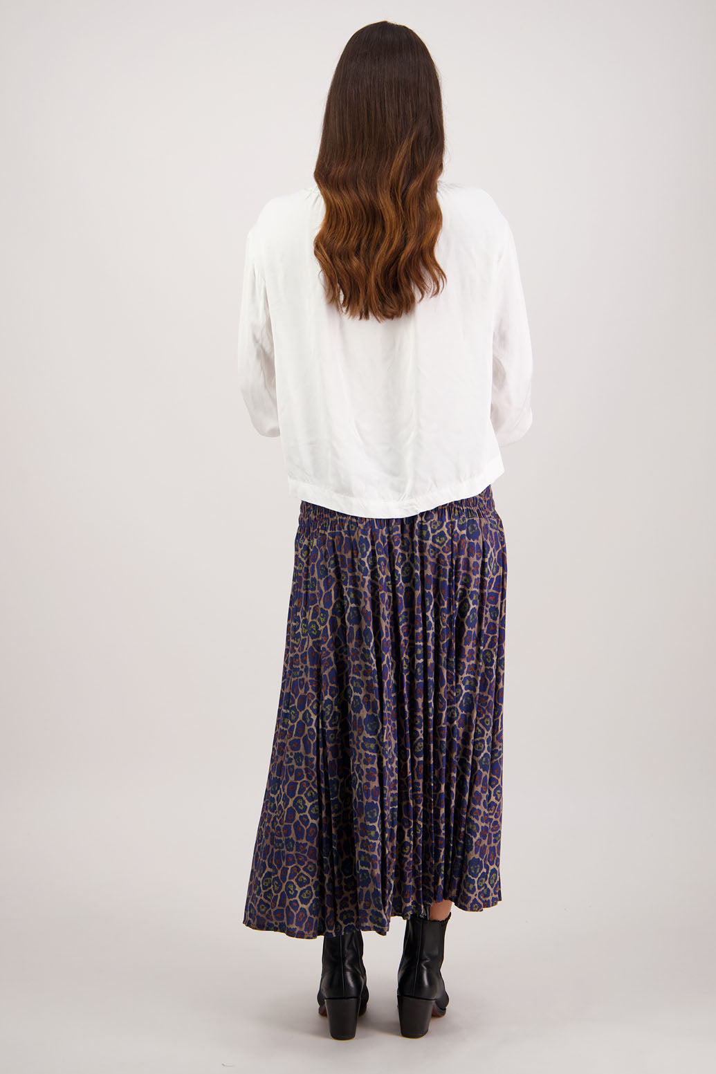 Hawthorn Skirt in Antique Leopard by Briarwood NZ. 100% viscose skirt with shirred waist and flow skirt