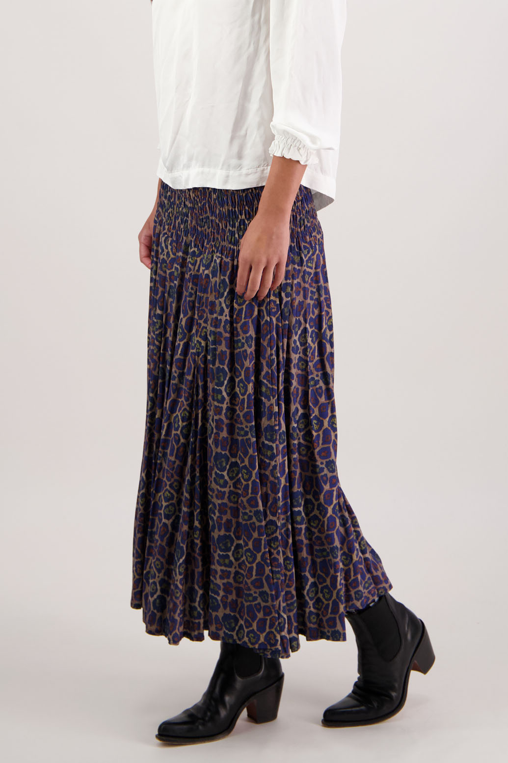 Hawthorn Skirt in Antique Leopard by Briarwood NZ. 100% viscose skirt with shirred waist and flow skirt