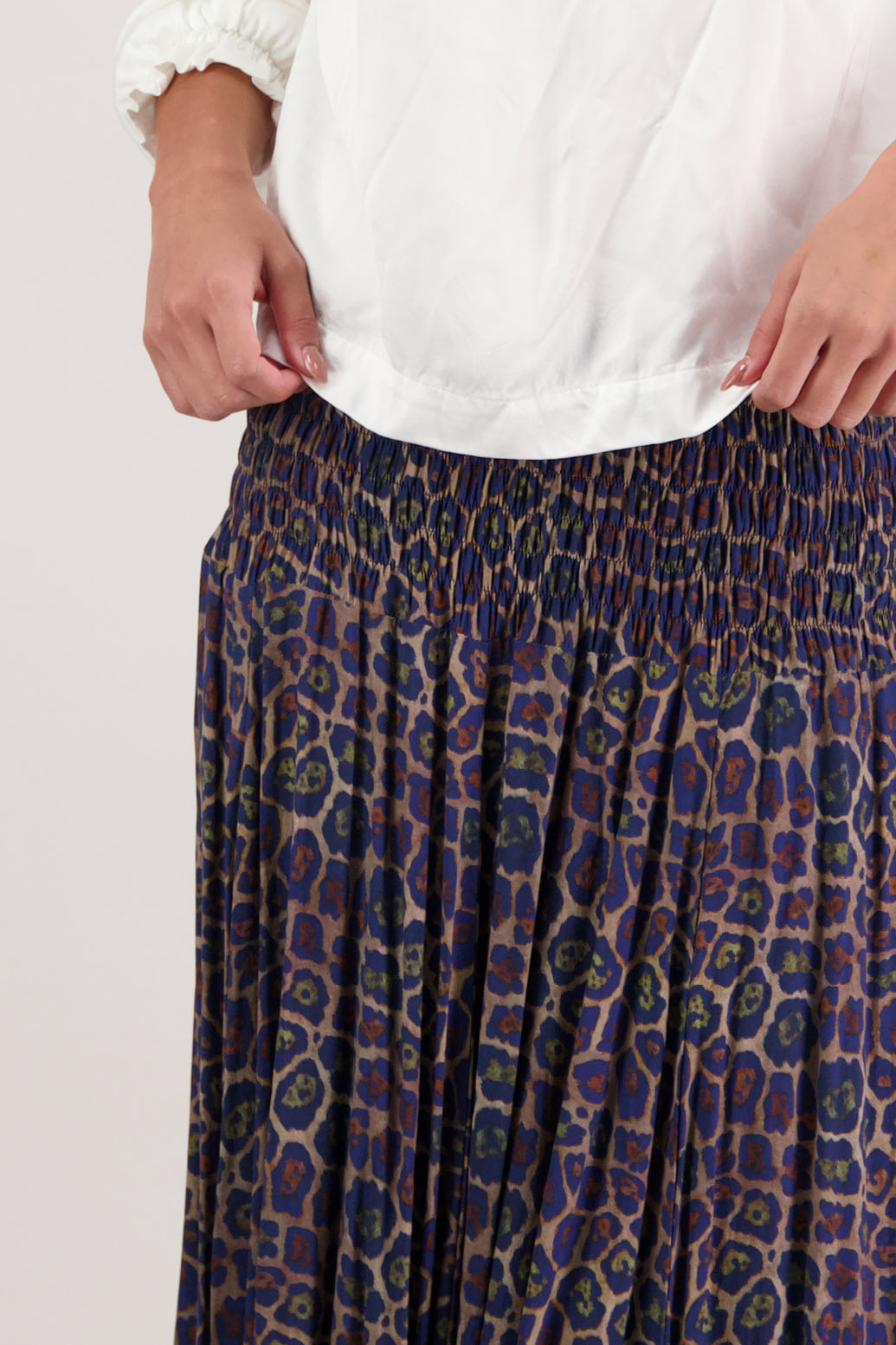 Hawthorn Skirt in Antique Leopard by Briarwood NZ. 100% viscose skirt with shirred waist and flow skirt