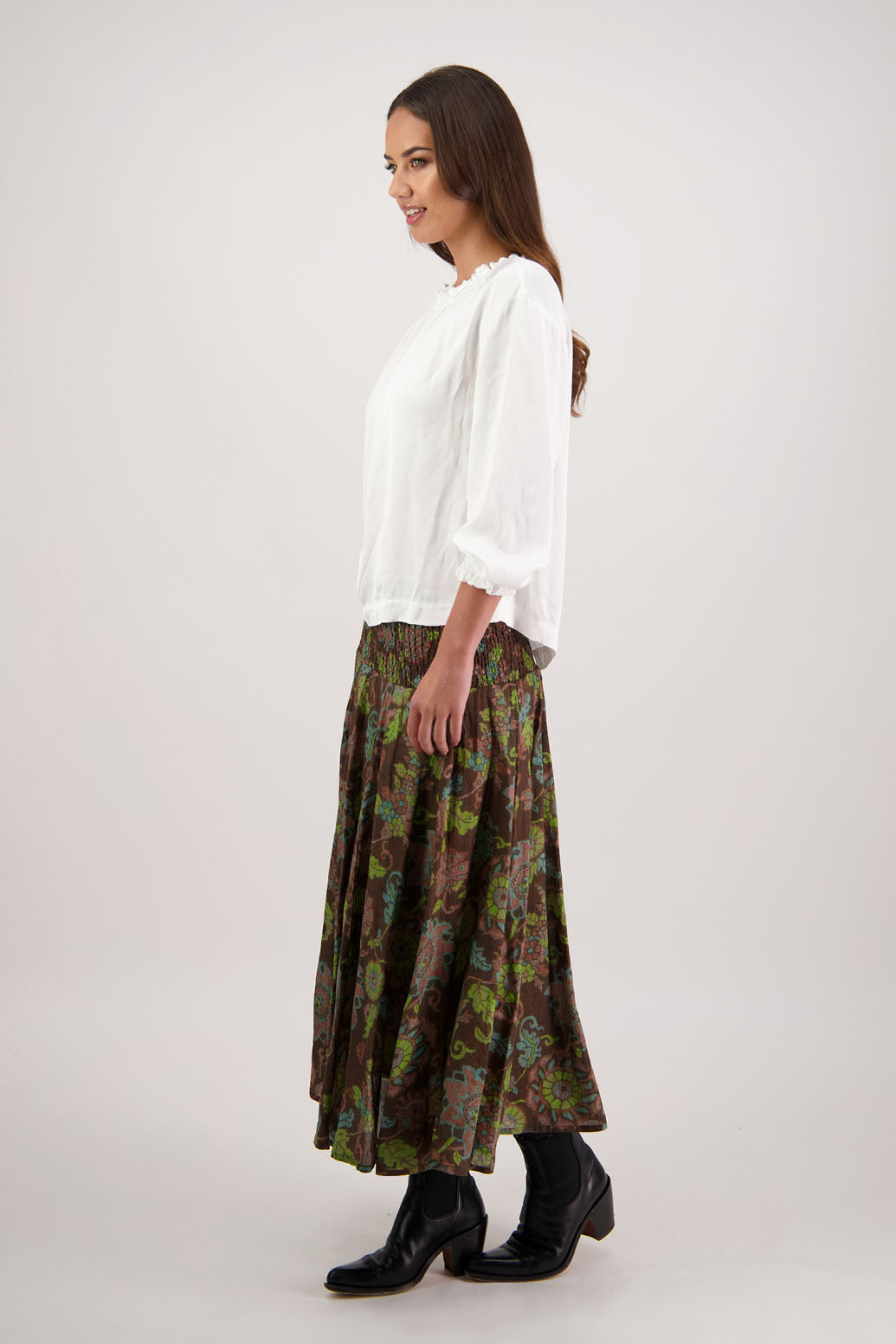 Hazelle Skirt in Brown Floral by Briarwood NZ. Full-length 100% ramie skirt with shirred waist and cotton lining.