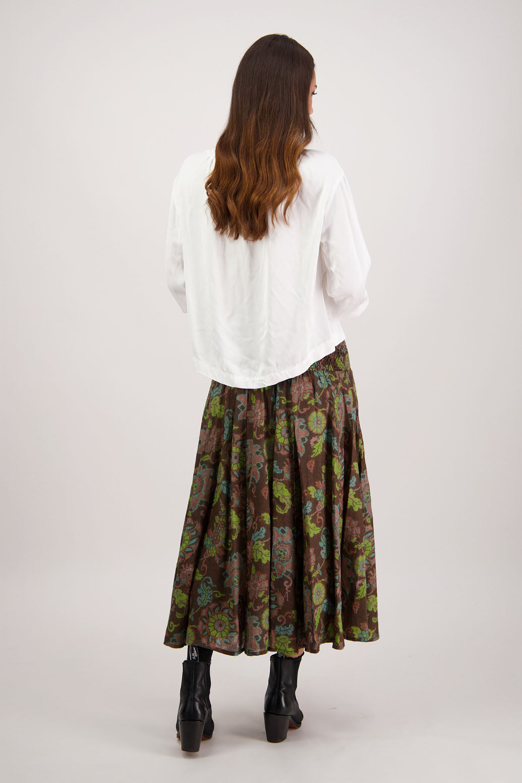 Hazelle Skirt in Brown Floral by Briarwood NZ. Full-length 100% ramie skirt with shirred waist and cotton lining.
