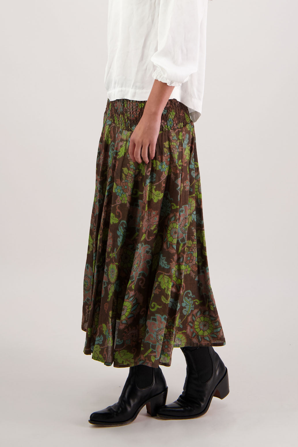 Hazelle Skirt in Brown Floral by Briarwood NZ. Full-length 100% ramie skirt with shirred waist and cotton lining.