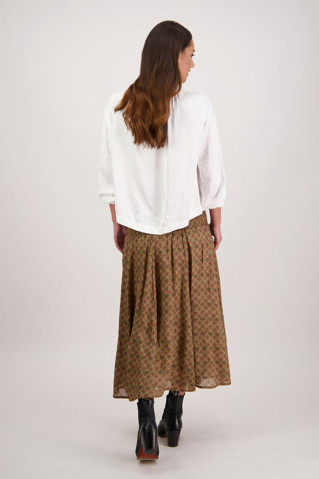 Hazelle Skirt in Camel Tile by Briarwood NZ. Full-length 100% ramie skirt with shirred waist and cotton lining.