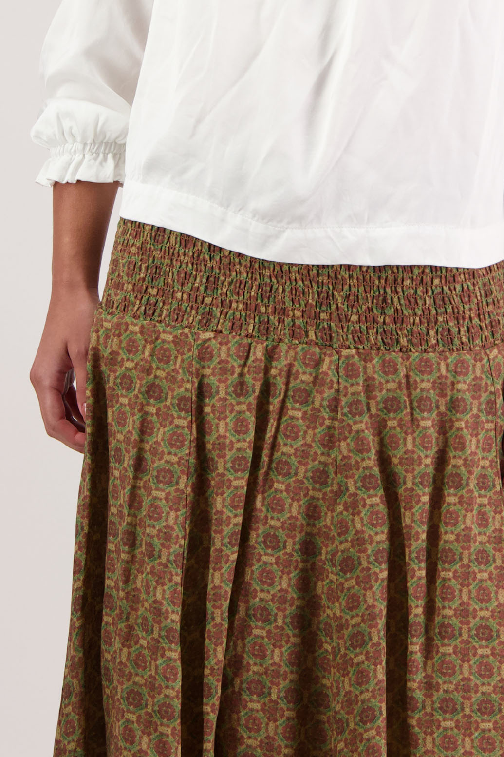 Hazelle Skirt in Camel Tile by Briarwood NZ. Full-length 100% ramie skirt with shirred waist and cotton lining.
