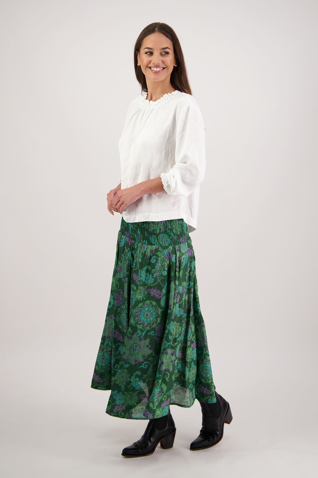 Hazelle Skirt in Green Floral by Briarwood NZ. Full-length 100% ramie skirt with shirred waist and cotton lining.