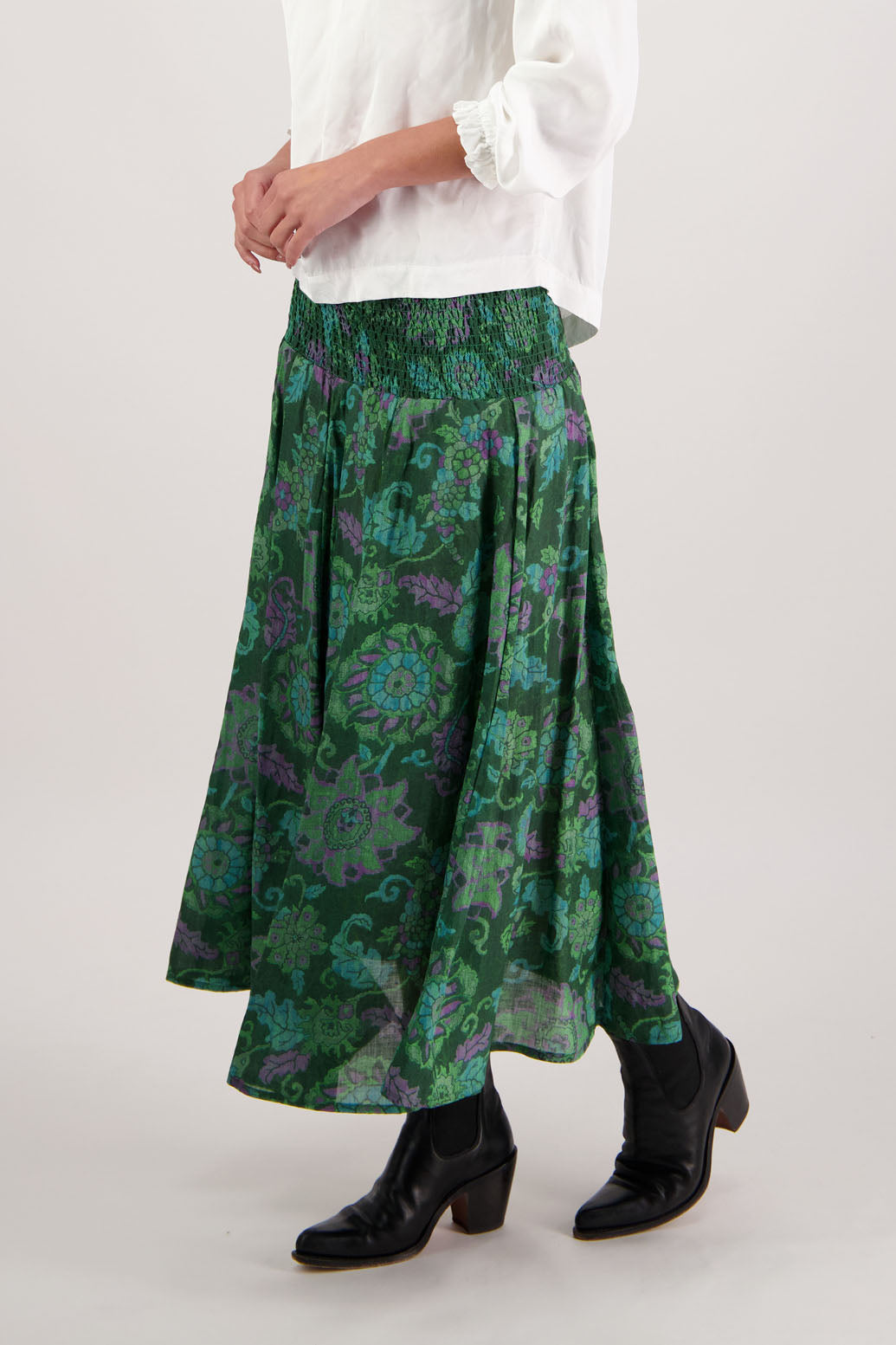 Hazelle Skirt in Green Floral by Briarwood NZ. Full-length 100% ramie skirt with shirred waist and cotton lining.