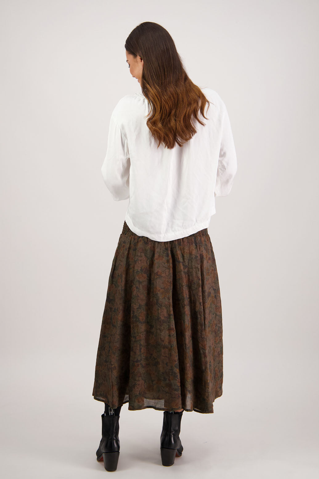 Hazelle Skirt in Vintage Floral by Briarwood NZ. Full-length 100% ramie skirt with shirred waist and cotton lining.