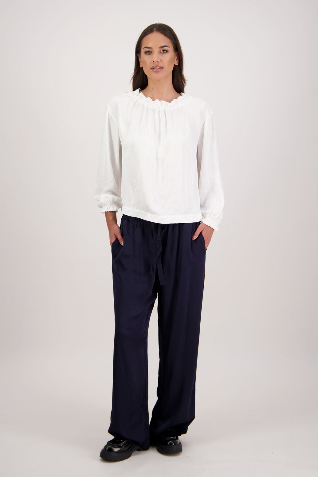 BESTSELLER. Hebe Pant in Ink by Briarwood NZ. A heavyweight viscose straight leg pant, elasticated waist with tie cord and pockets