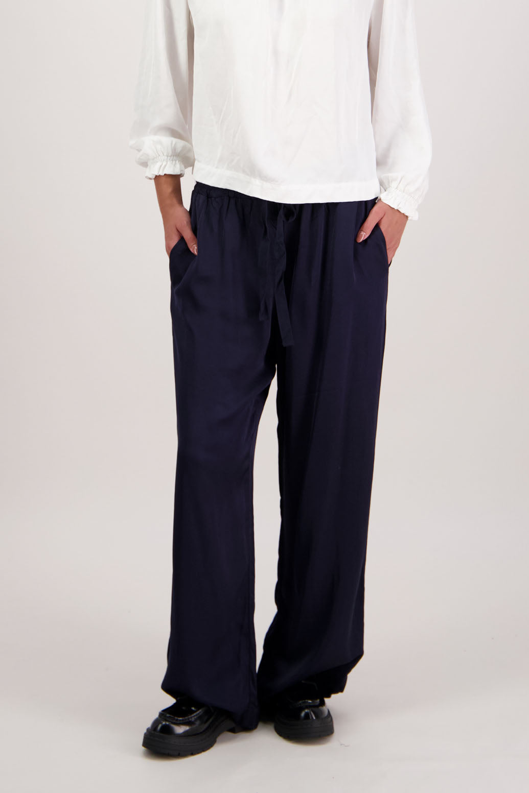 BESTSELLER. Hebe Pant in Ink by Briarwood NZ. A heavyweight viscose straight leg pant, elasticated waist with tie cord and pockets